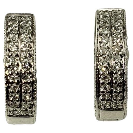 14 Karat White Gold and Diamond Huggie Hoop Earrings For Sale