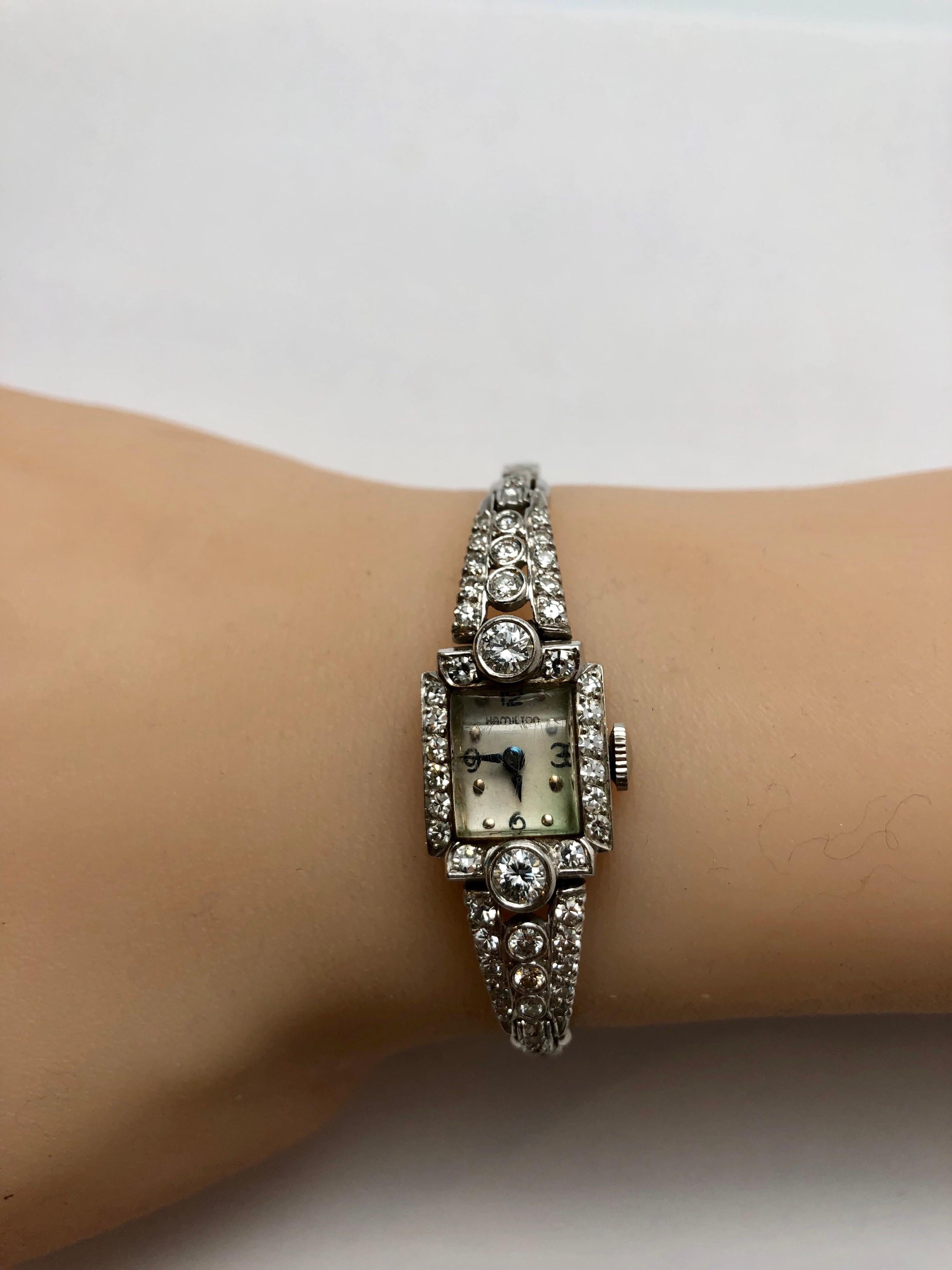 14 Karat White Gold and Diamond Ladies Watch Hand Winding Automatic 3.5 Carat 3