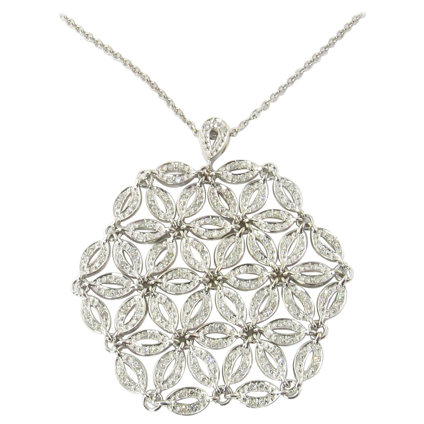 14 Karat White Gold and Diamond Large Floral Snowflake Pendant Necklace #2056