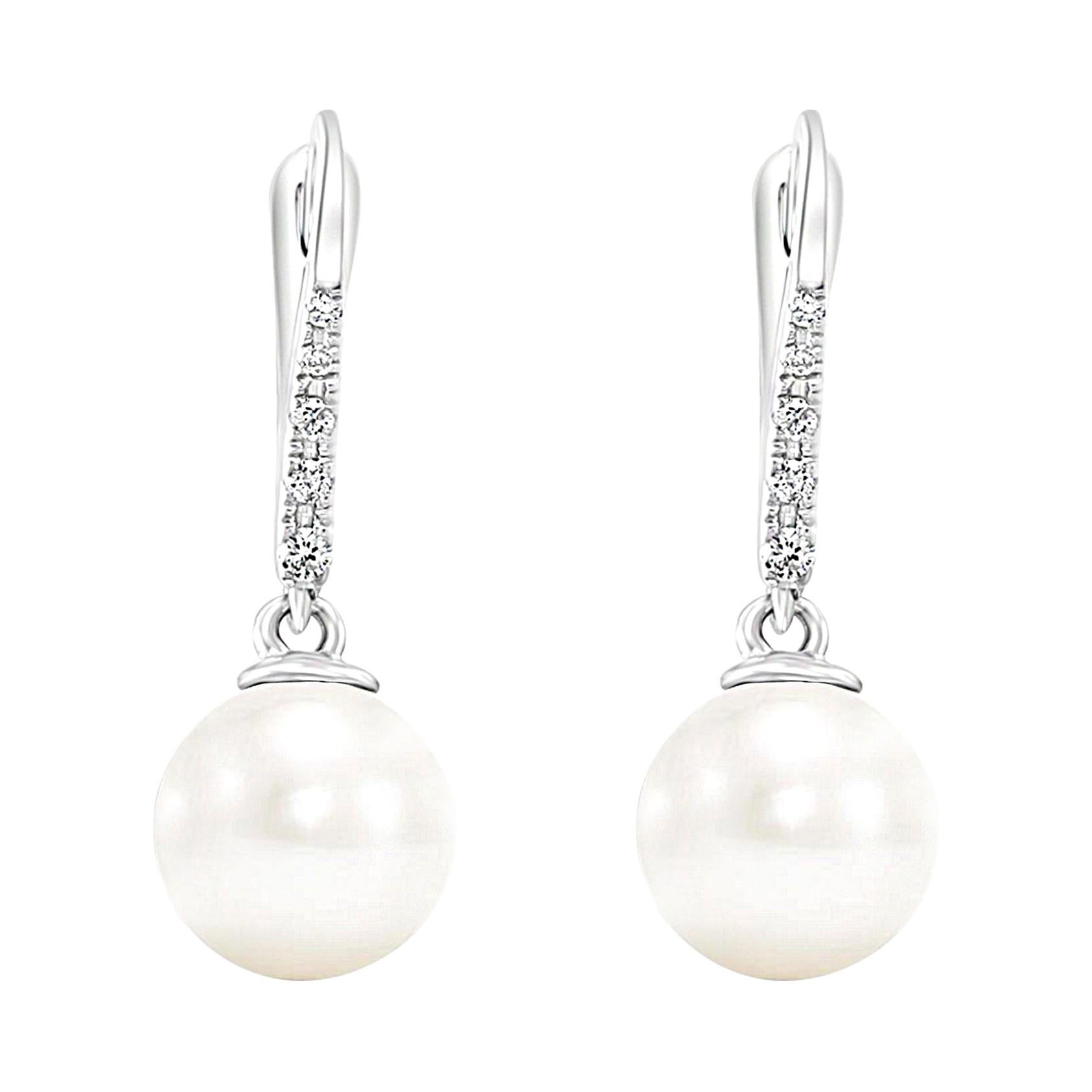 14 Karat White Gold and Diamond Lever-Back Earrings with Freshwater Pearls For Sale