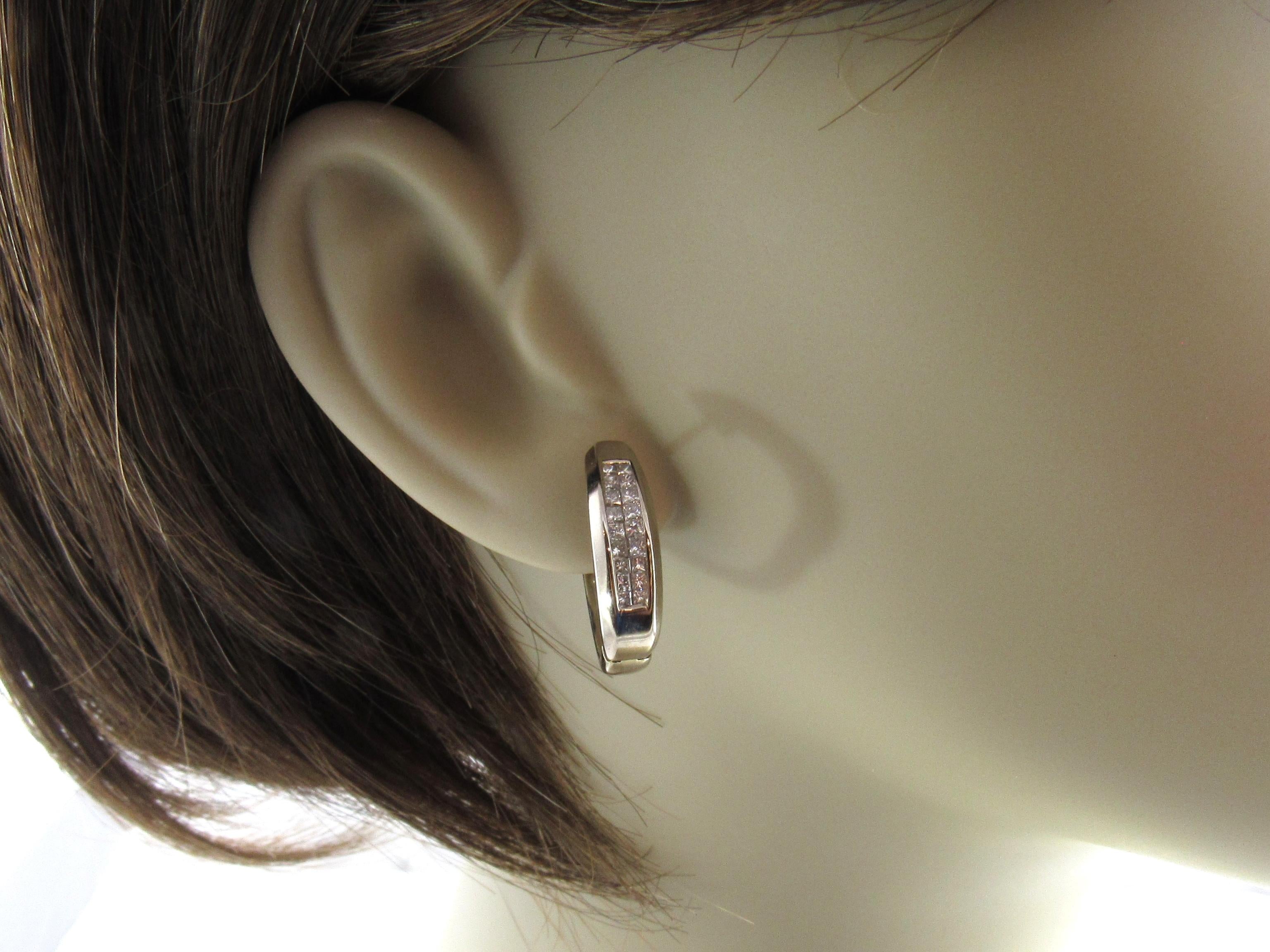 Women's 14 Karat White Gold and Diamond Oval Hoop Earrings For Sale