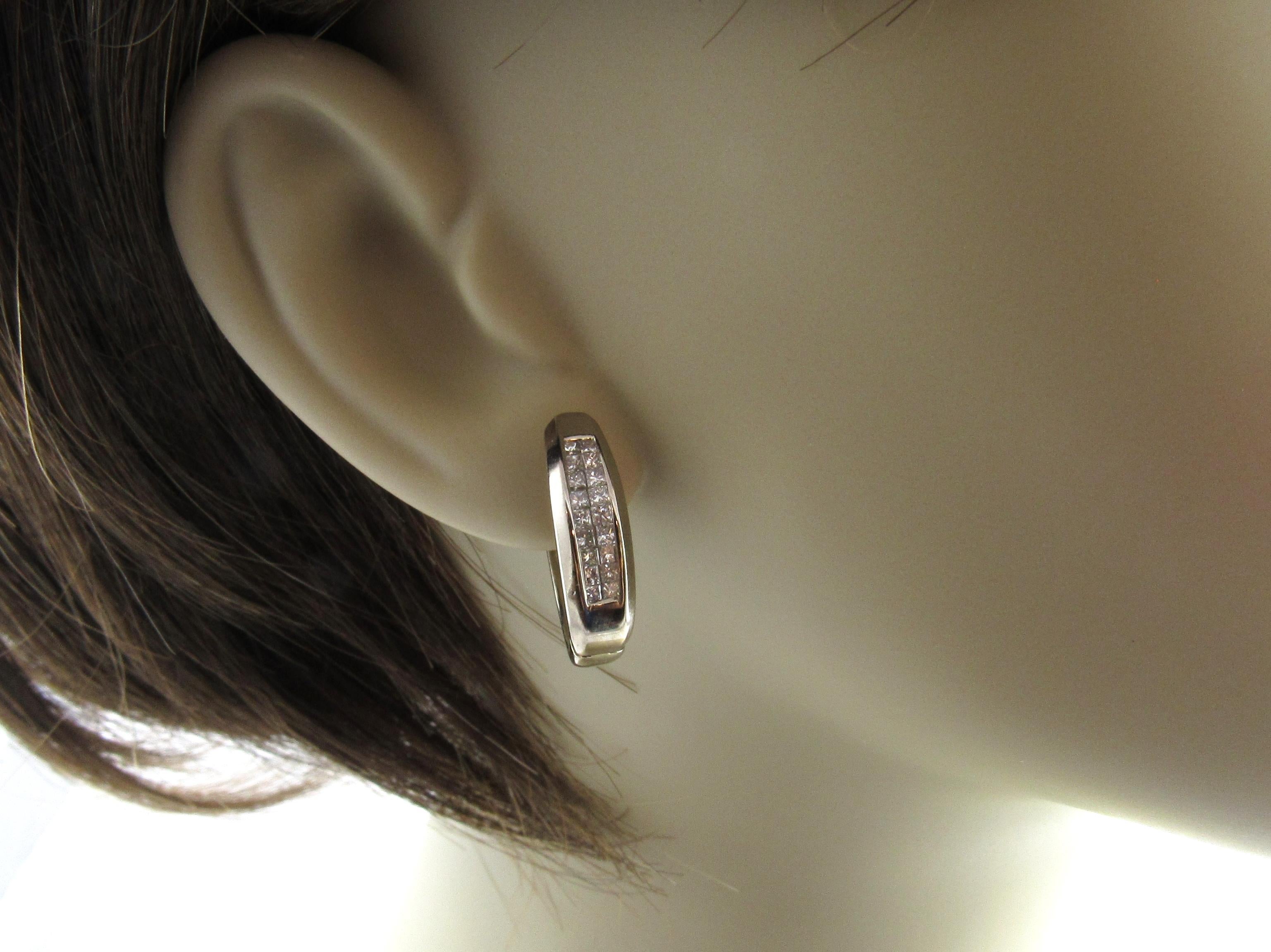 14 Karat White Gold and Diamond Oval Hoop Earrings For Sale 1