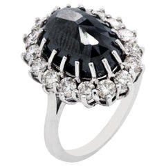 14 Karat White Gold and Diamond Ring with Oval Cut Black Diamond Center