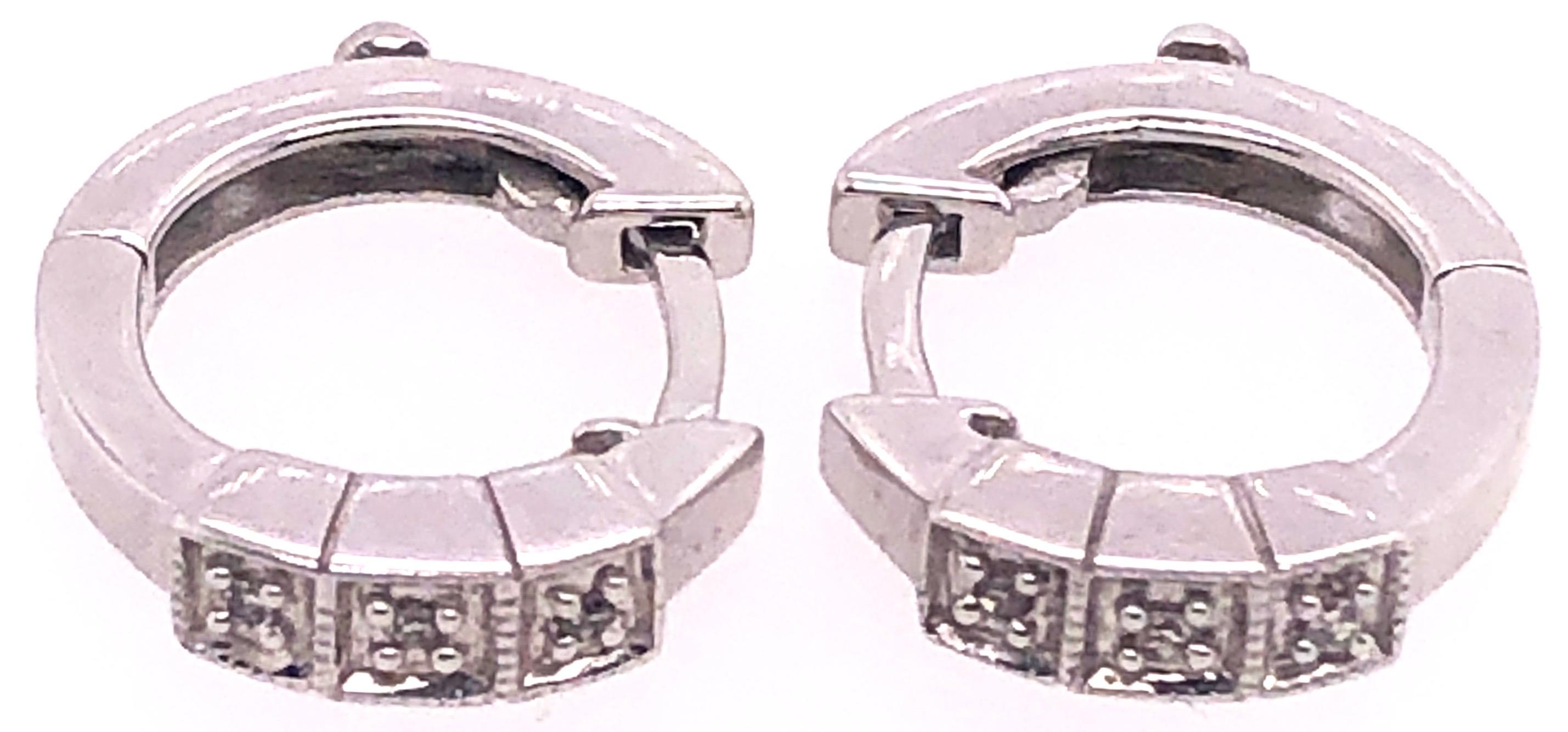 Women's or Men's 14 Karat White Gold and Diamond Small Hoop Earrings For Sale