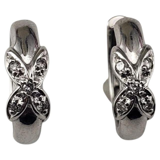 14 Karat White Gold and Diamond "X" Hoop Earrings #22226 For Sale