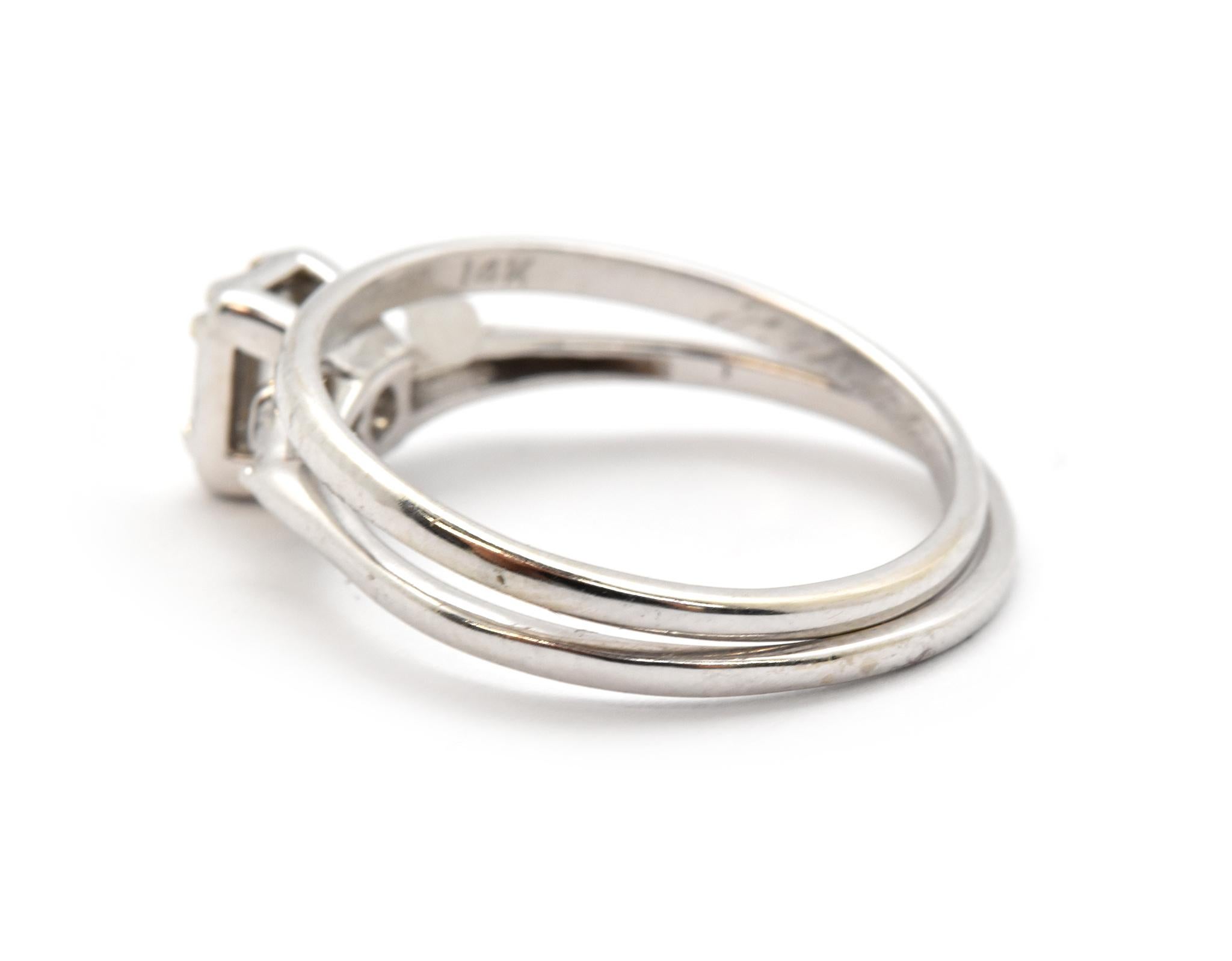 Women's or Men's 14 Karat White Gold and Emerald Cut Diamond Engagement Ring