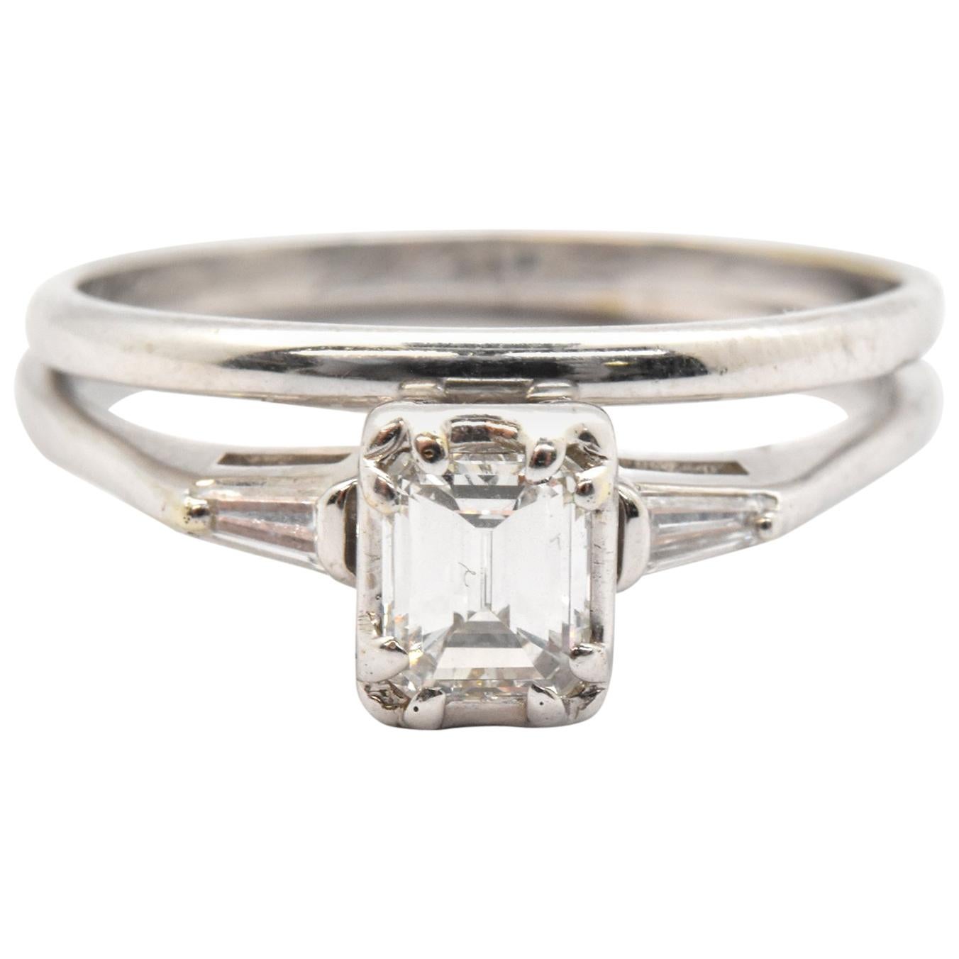 14 Karat White Gold and Emerald Cut Diamond Engagement Ring