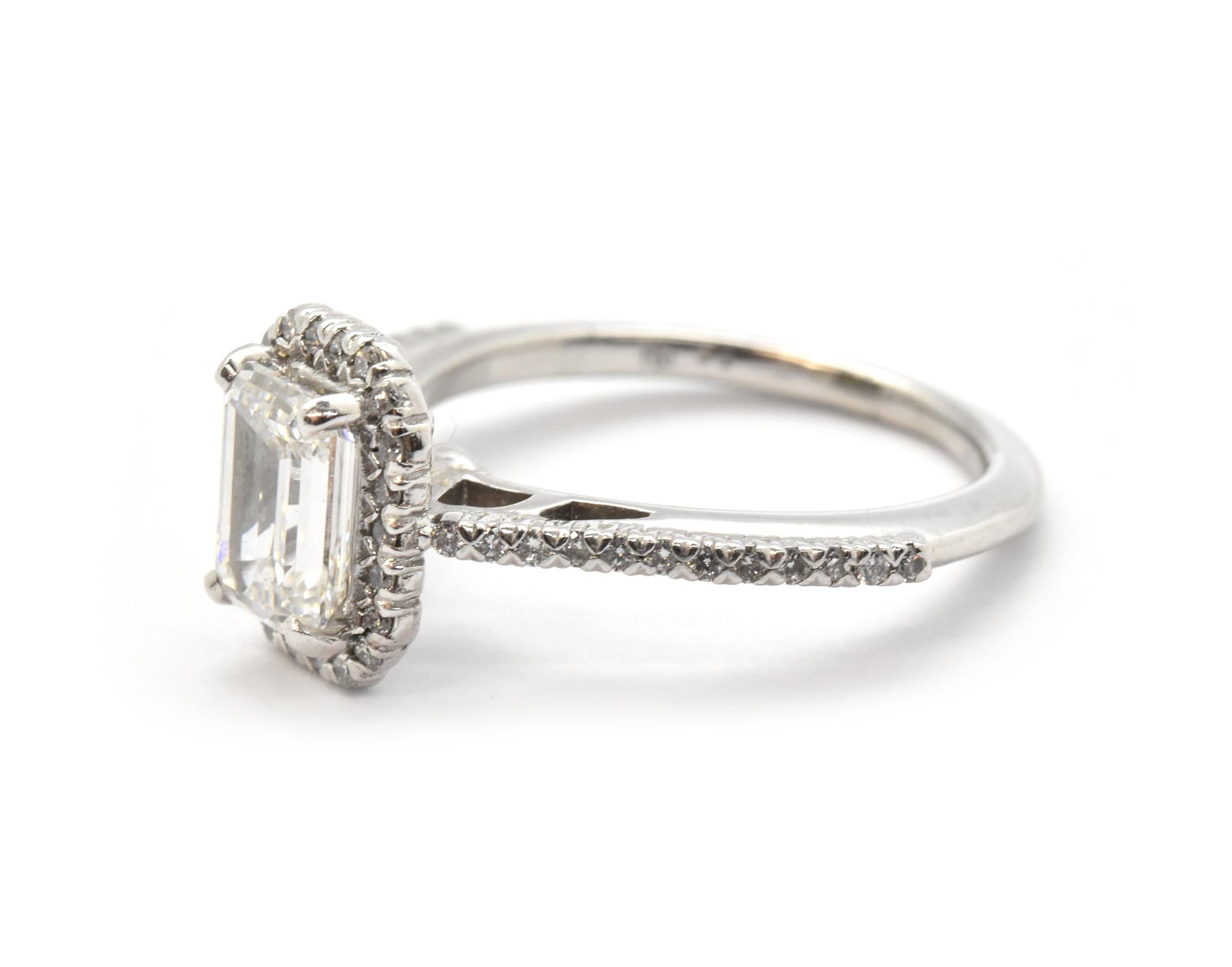 Emerald Cut 14 Karat White Gold and GIA 1.07 Carat Emerald-Cut Diamond Ring with Accents For Sale