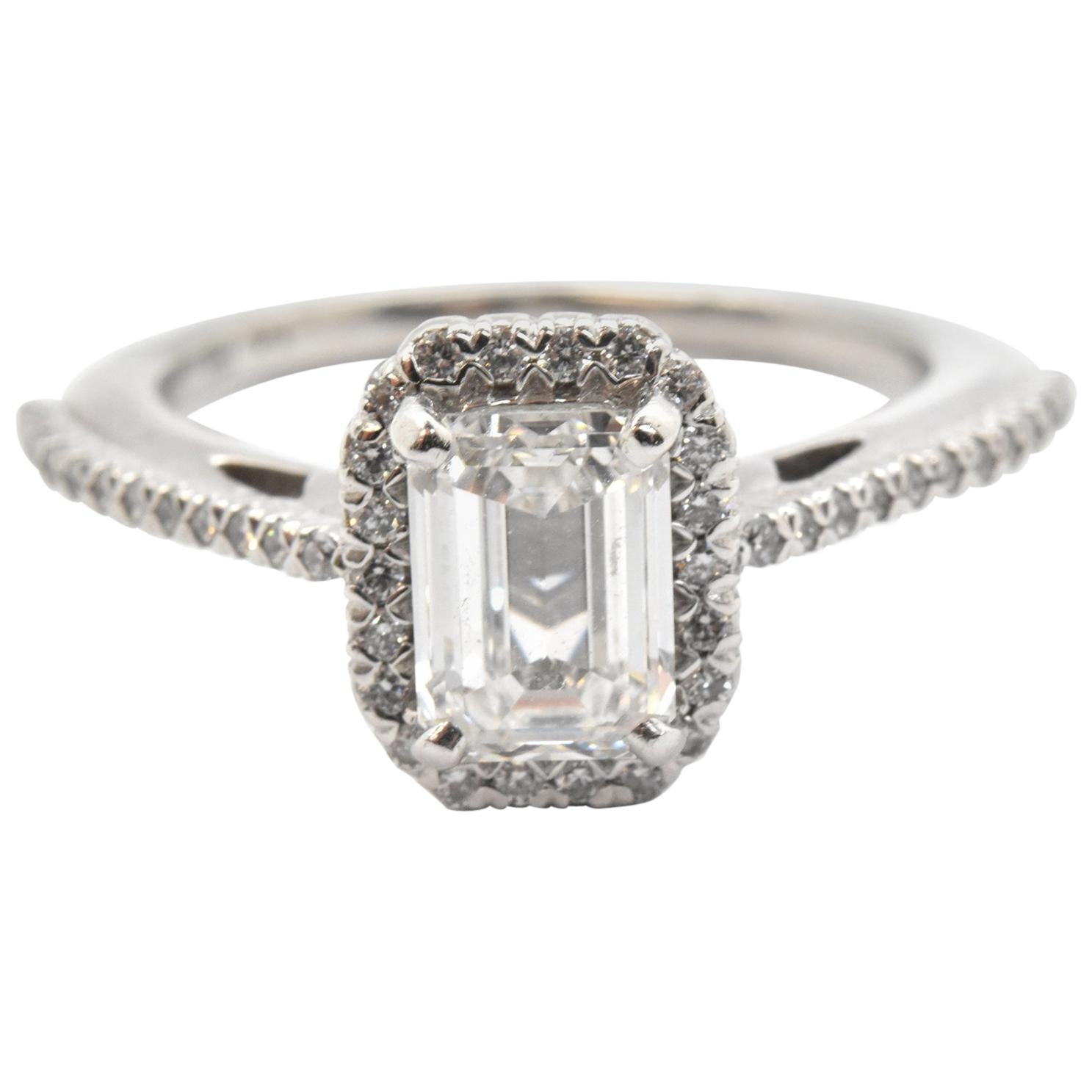 14 Karat White Gold and GIA 1.07 Carat Emerald-Cut Diamond Ring with Accents