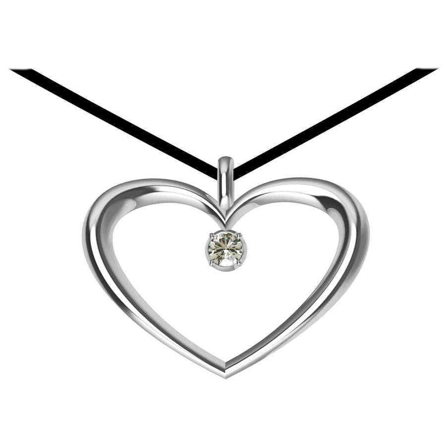 14 Karat White Gold and GIA Diamond Polished Tapered Heart Necklace For Sale