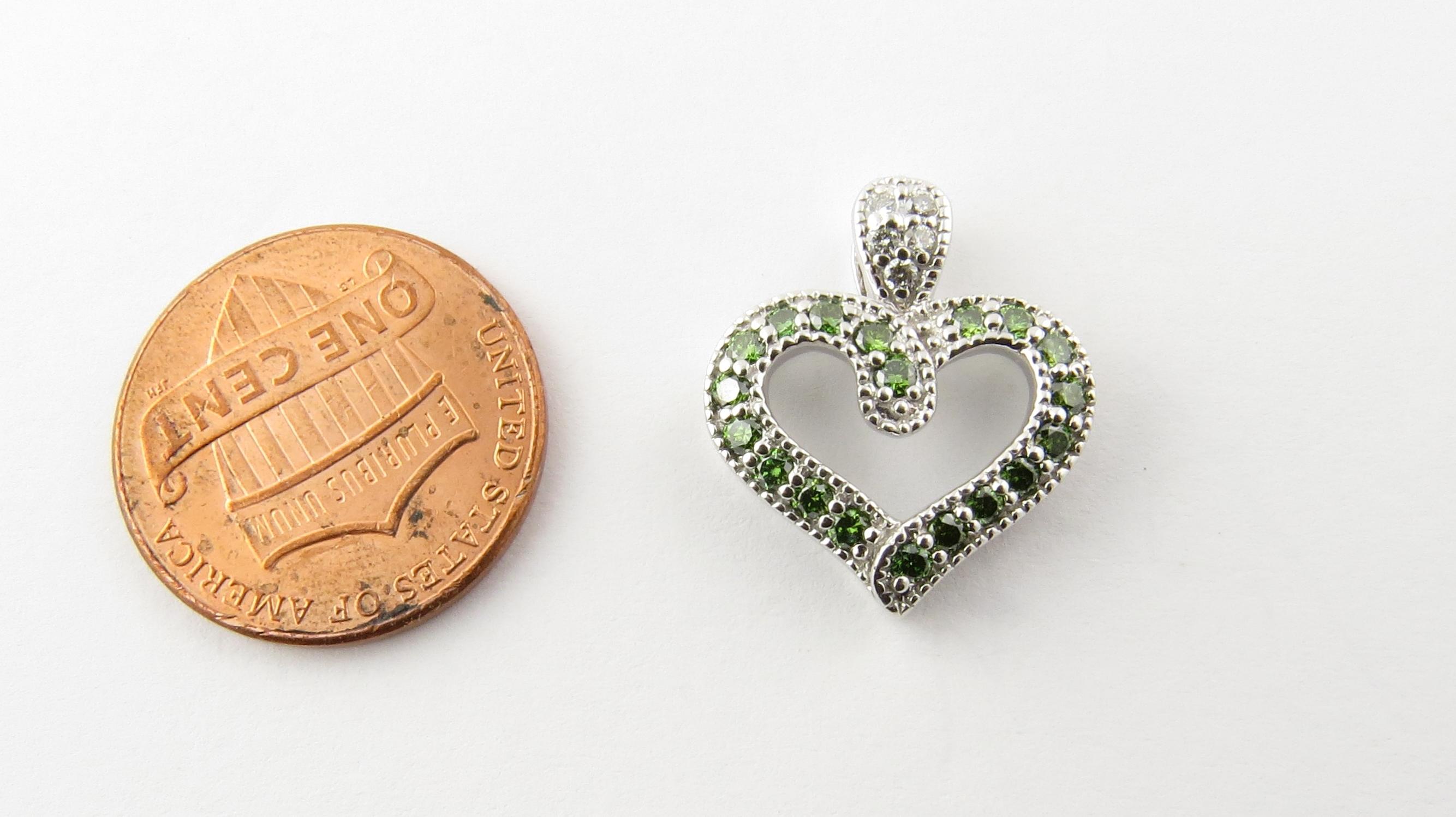 14 Karat White Gold and Green and White Diamond Heart Pendant For Sale 1