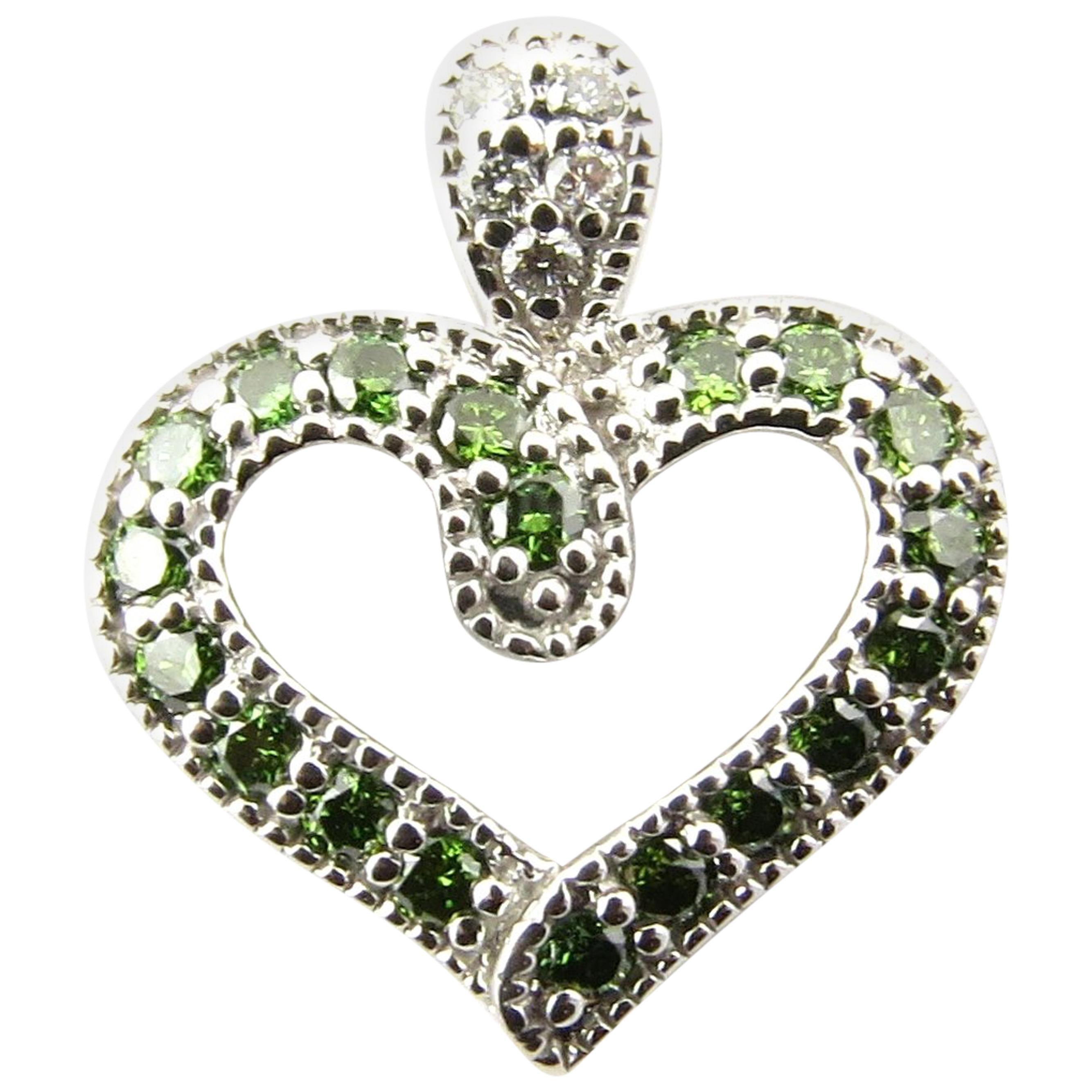 14 Karat White Gold and Green and White Diamond Heart Pendant For Sale