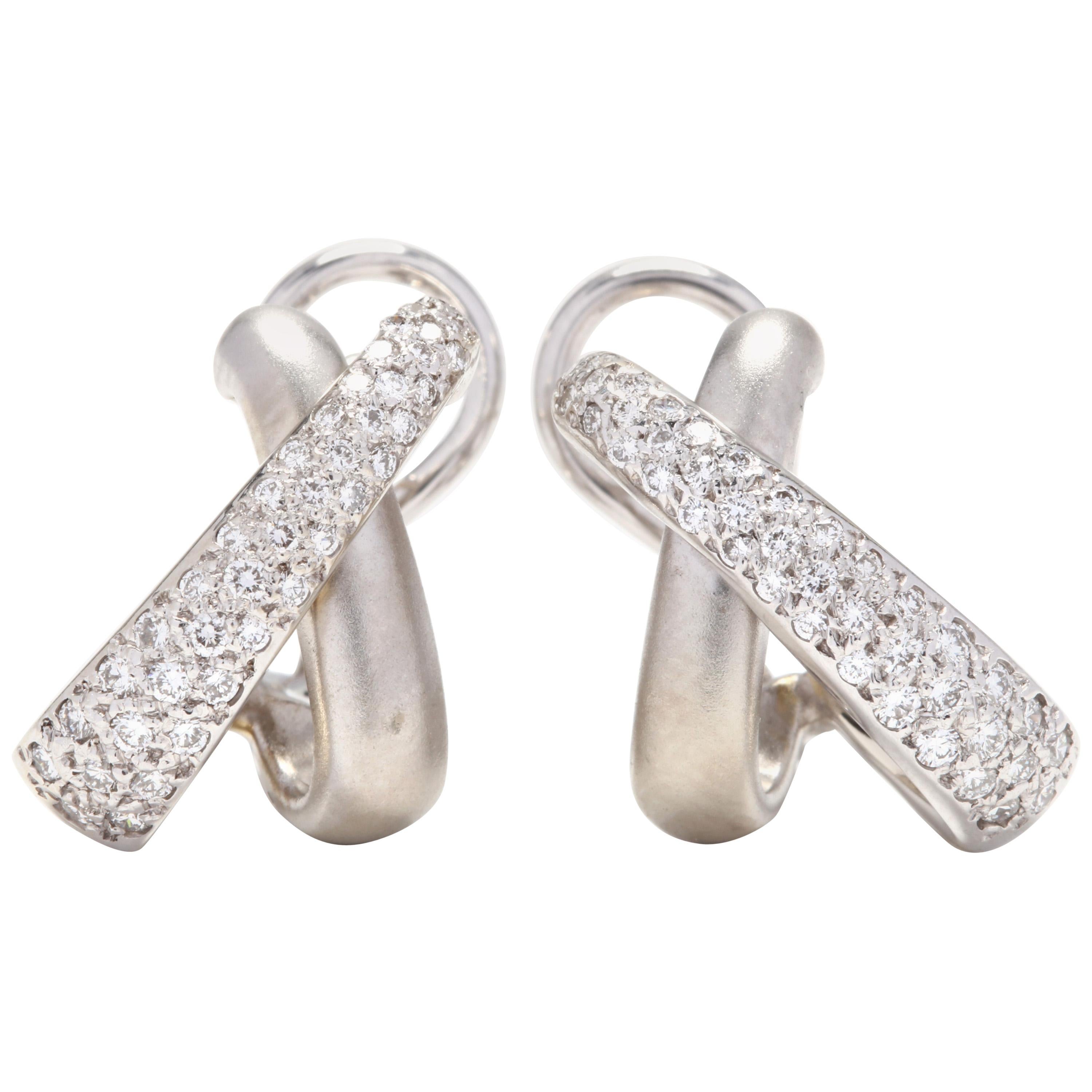 14 Karat White Gold Diamond Pave Round Disc Earrings Omega Back Style