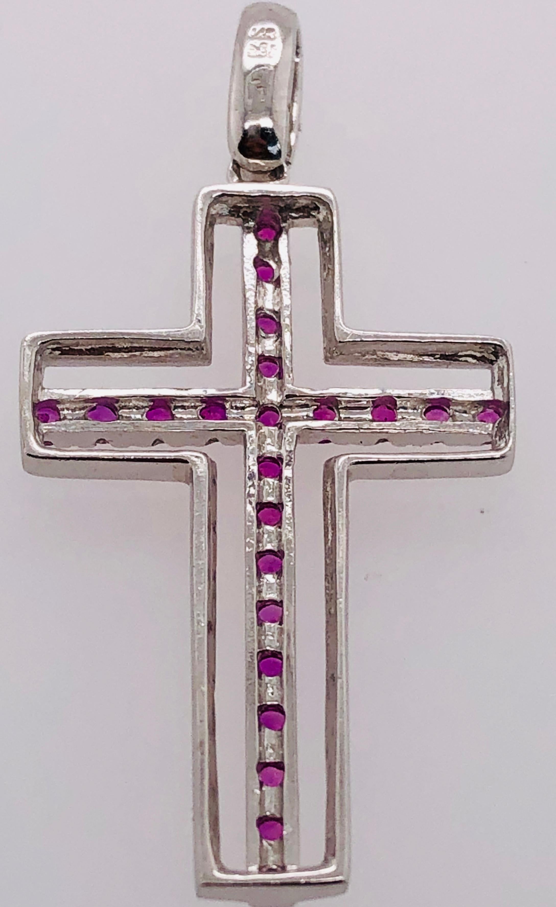 Round Cut 14 Karat White Gold and Pink Topaz Cross Pendant 0.38 TWS For Sale