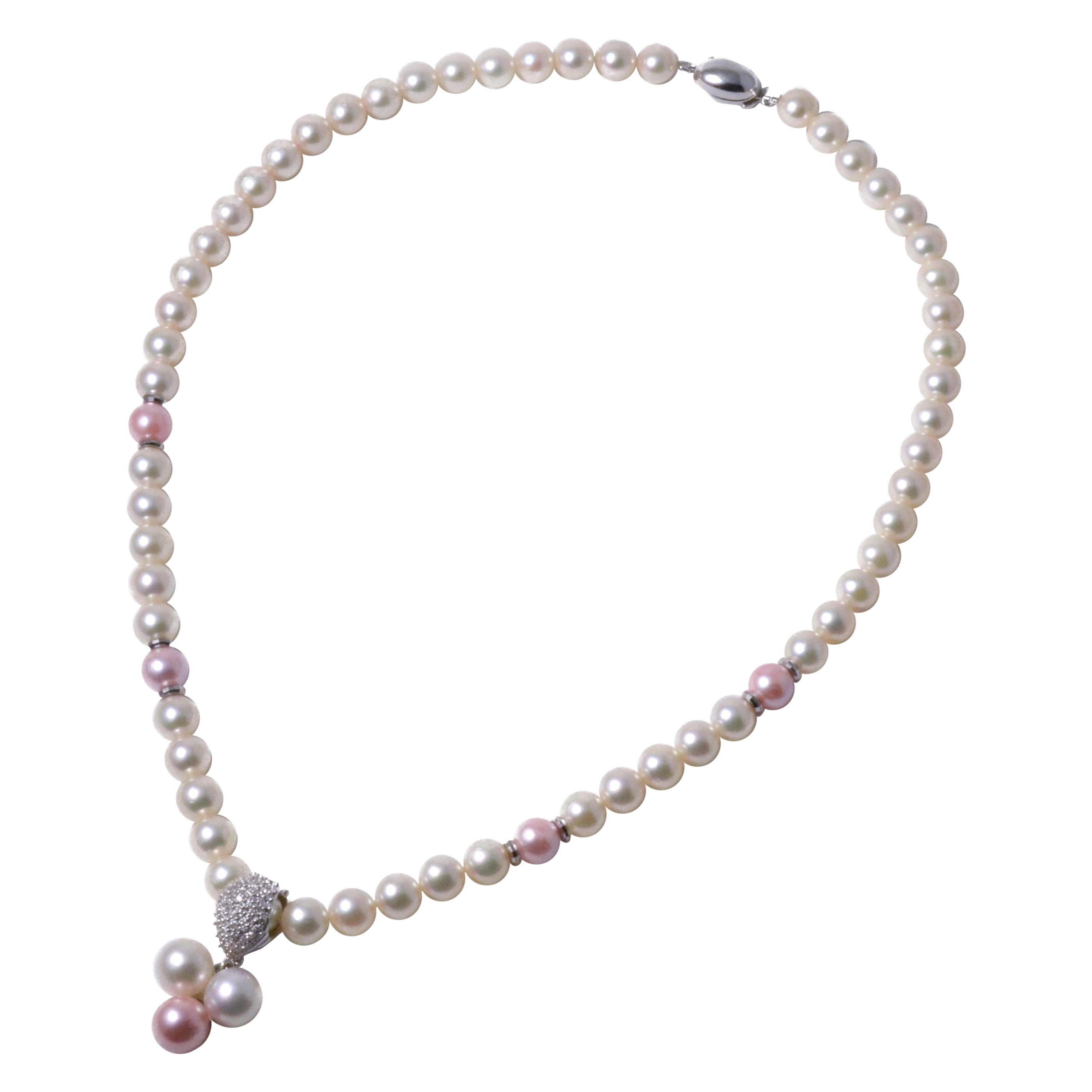 14 Karat White Gold and Platinum Pink Coral Core Pearl and Akoya Pearl Necklace For Sale