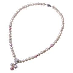 Vintage 14 Karat White Gold and Platinum Pink Coral Core Pearl and Akoya Pearl Necklace