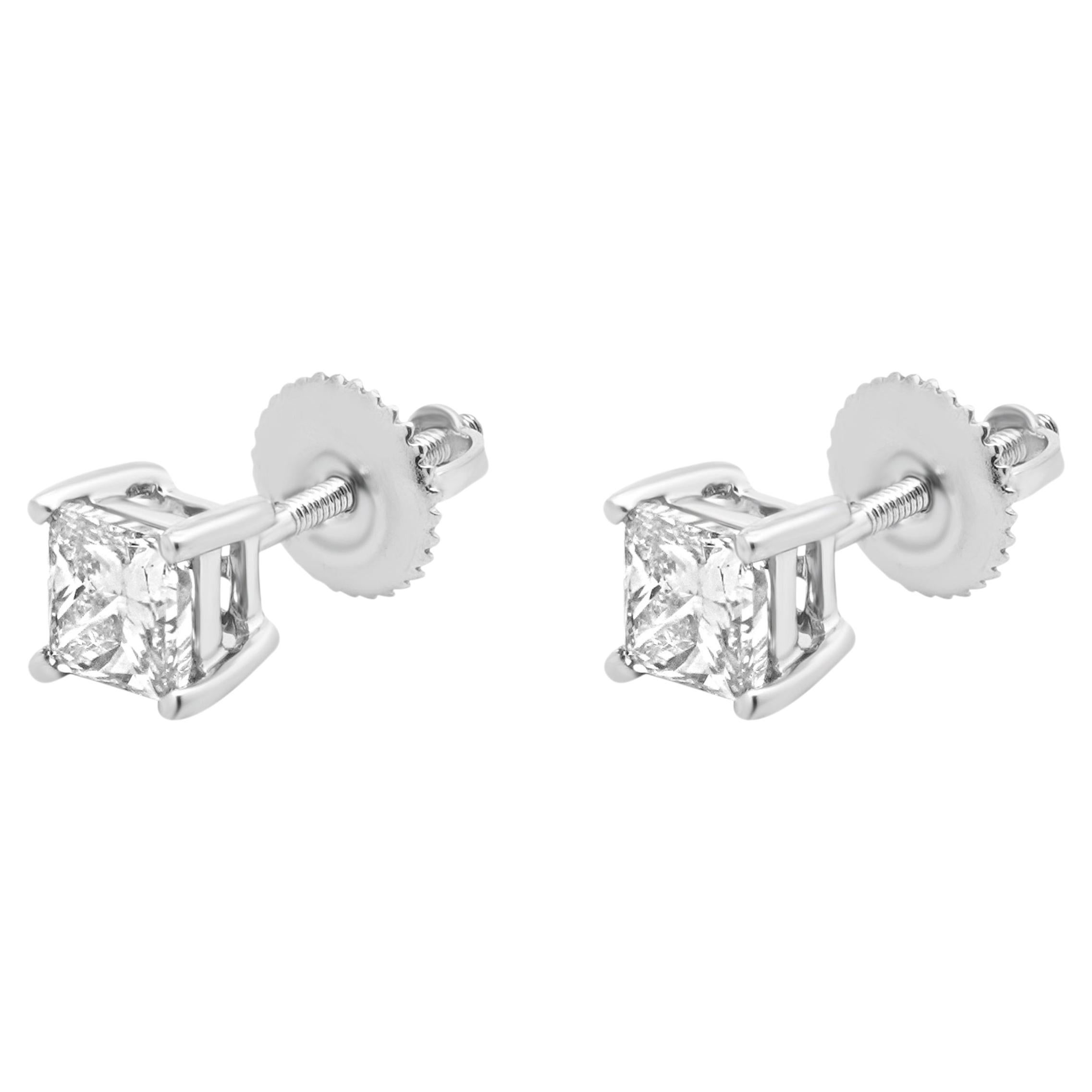 14 Karat White Gold and Princess Cut Diamond Stud Earrings