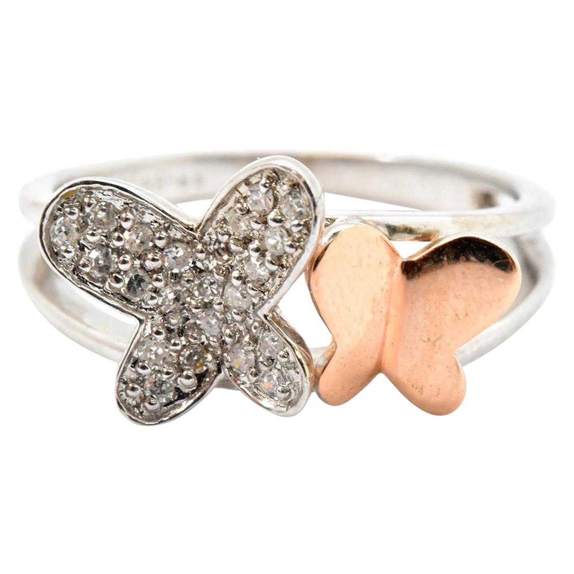 14 Karat White Gold and Rose Gold 0.21 Carat Diamond Butterfly Fashion Ring