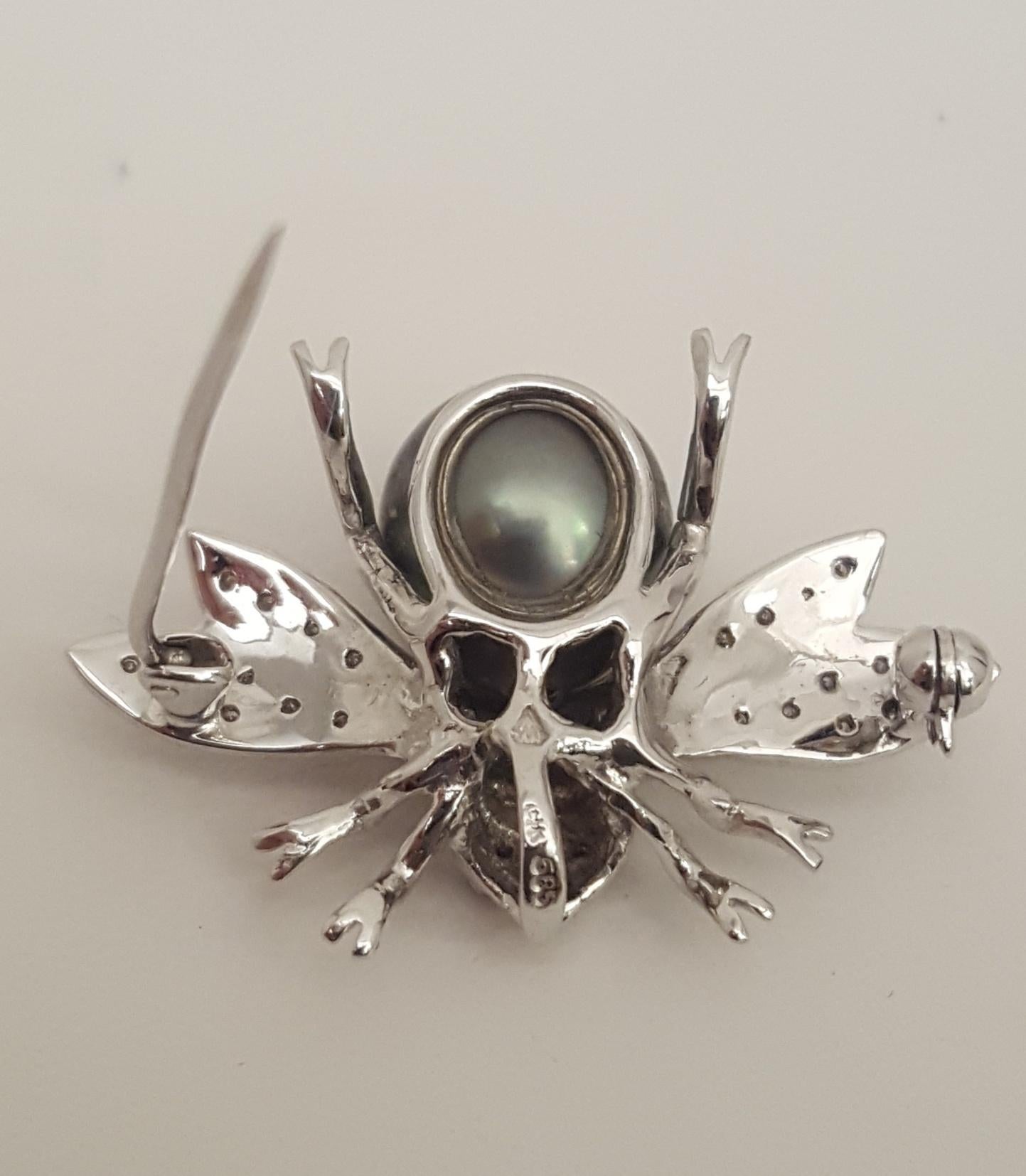 14 Karat White Gold and Sterling Silver Faux Pearl and Diamond Bee Brooch 2