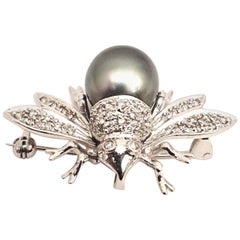 14 Karat White Gold and Sterling Silver Faux Pearl and Diamond Bee Brooch