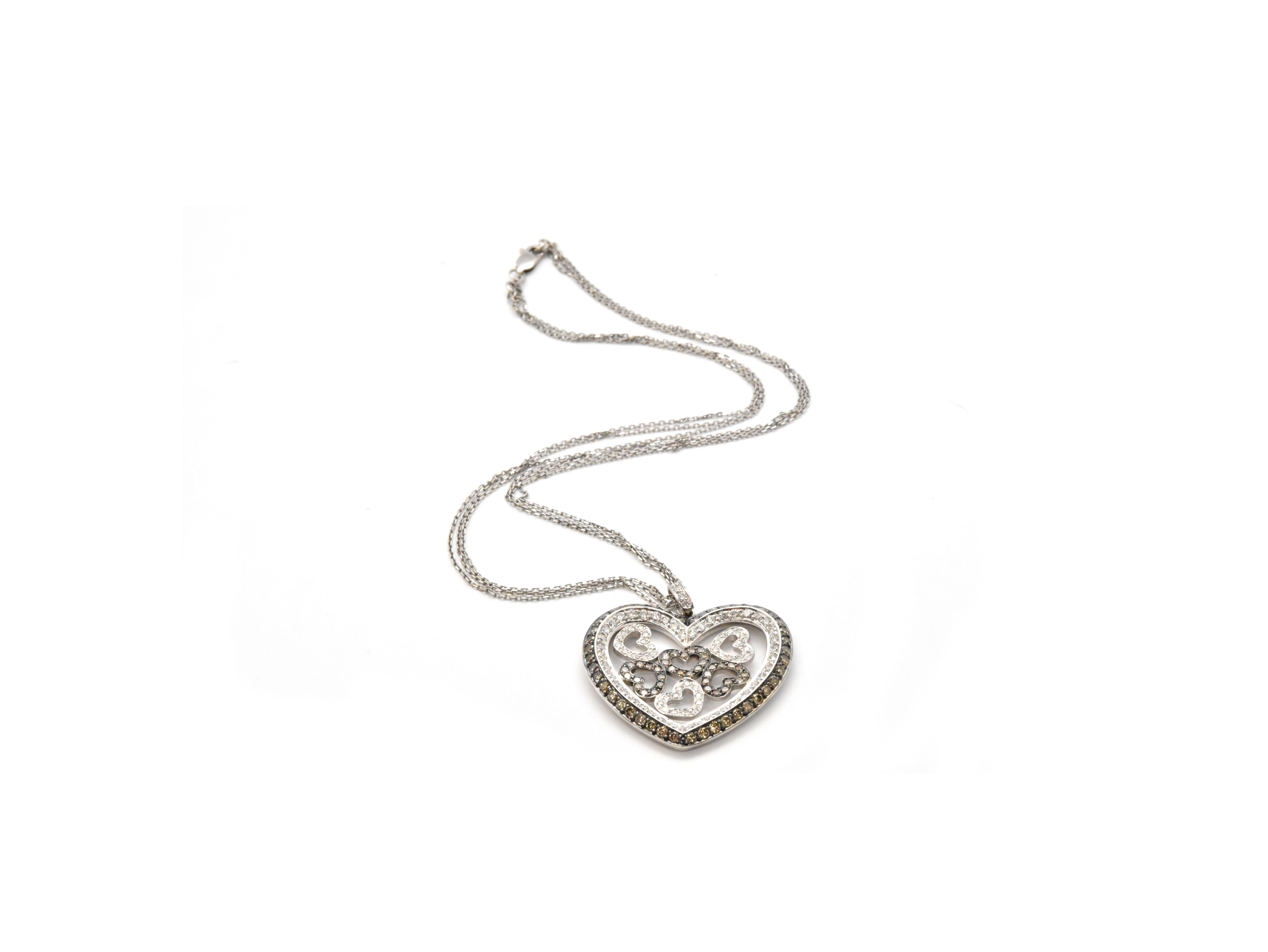 Contemporary 14 Karat White Gold and White/Champagne Diamond Heart Necklace 2.92 Carat