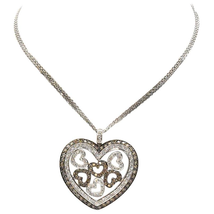 14 Karat White Gold and White/Champagne Diamond Heart Necklace 2.92 Carat