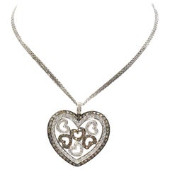 14 Karat White Gold and White/Champagne Diamond Heart Necklace 2.92 Carat