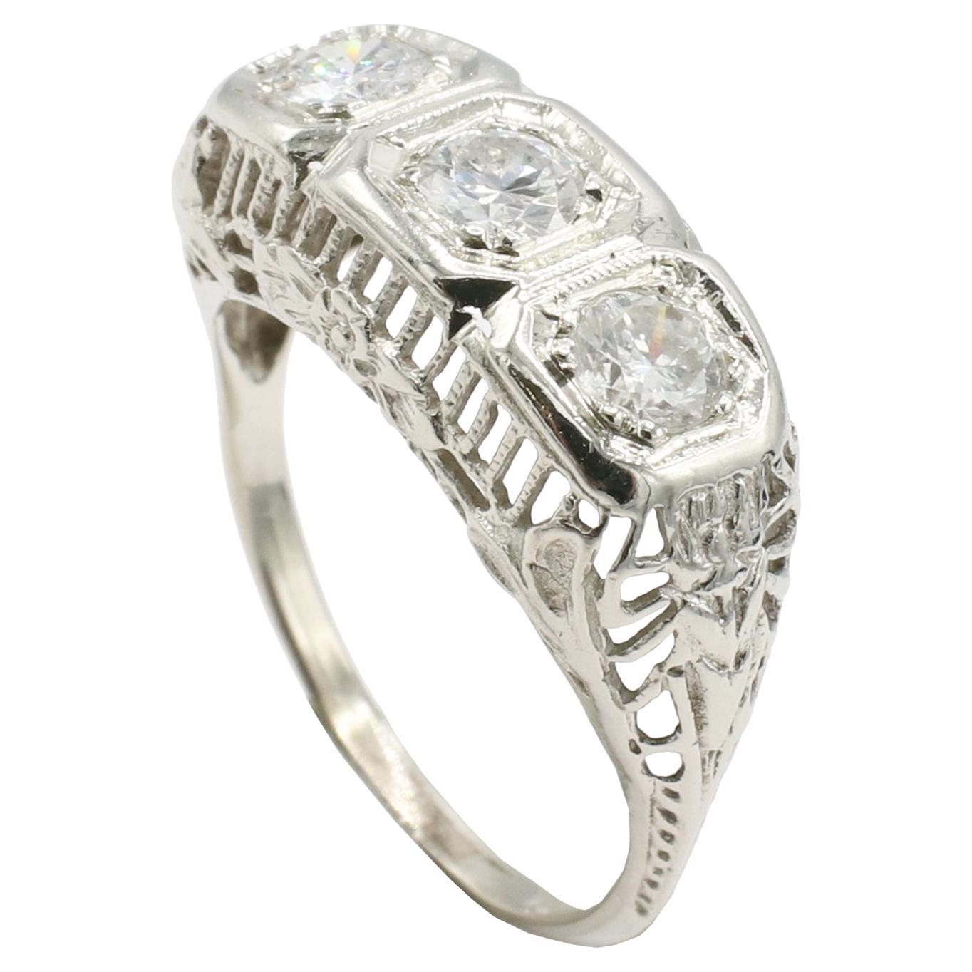 14 Karat White Gold Antique Natural Diamond Three-Stone Filigree Band Ring For Sale