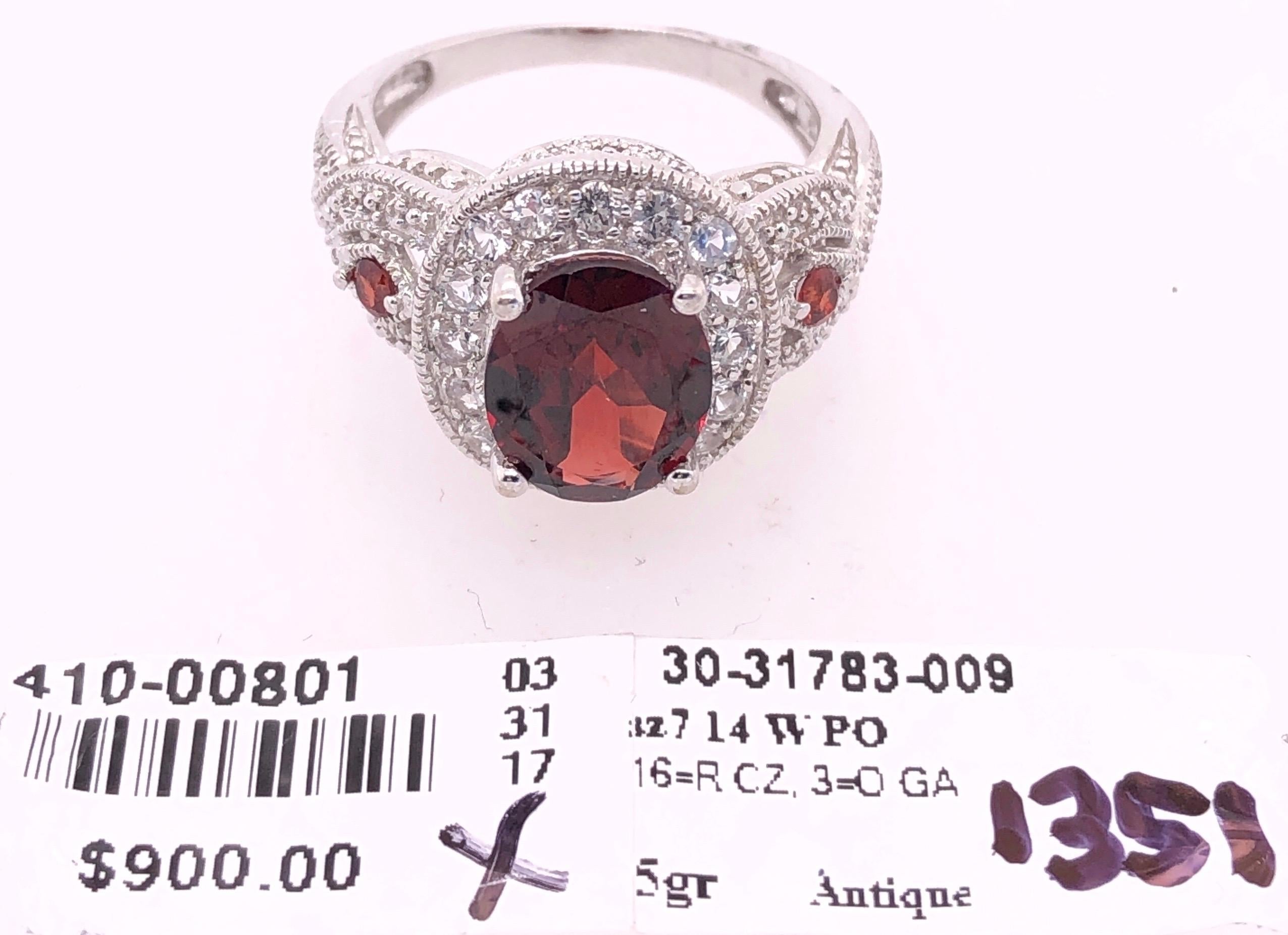 14 Karat White Gold Antique Ring Oval Garnet Center with Accents For Sale 4