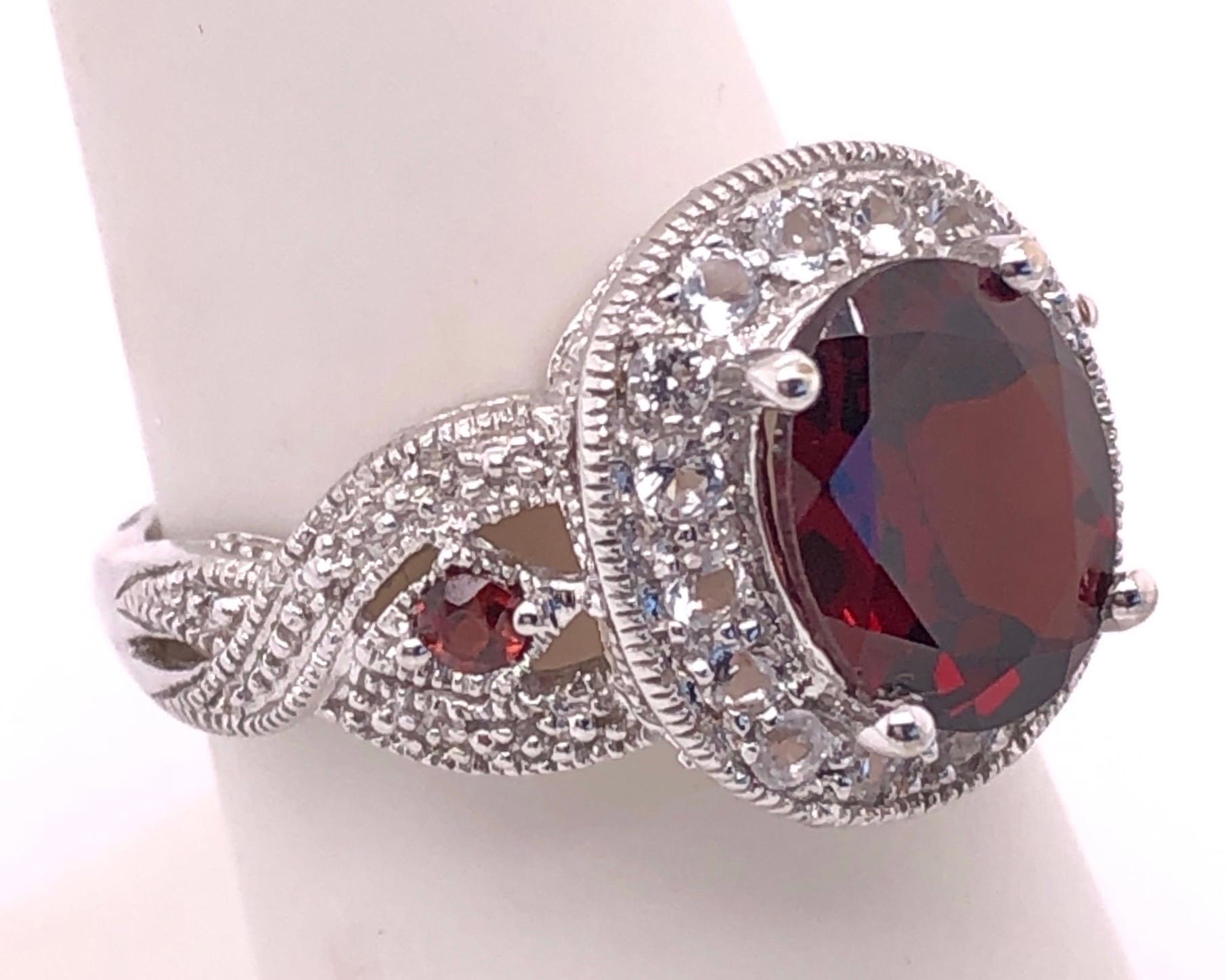 Oval Cut 14 Karat White Gold Antique Ring Oval Garnet Center with Accents For Sale