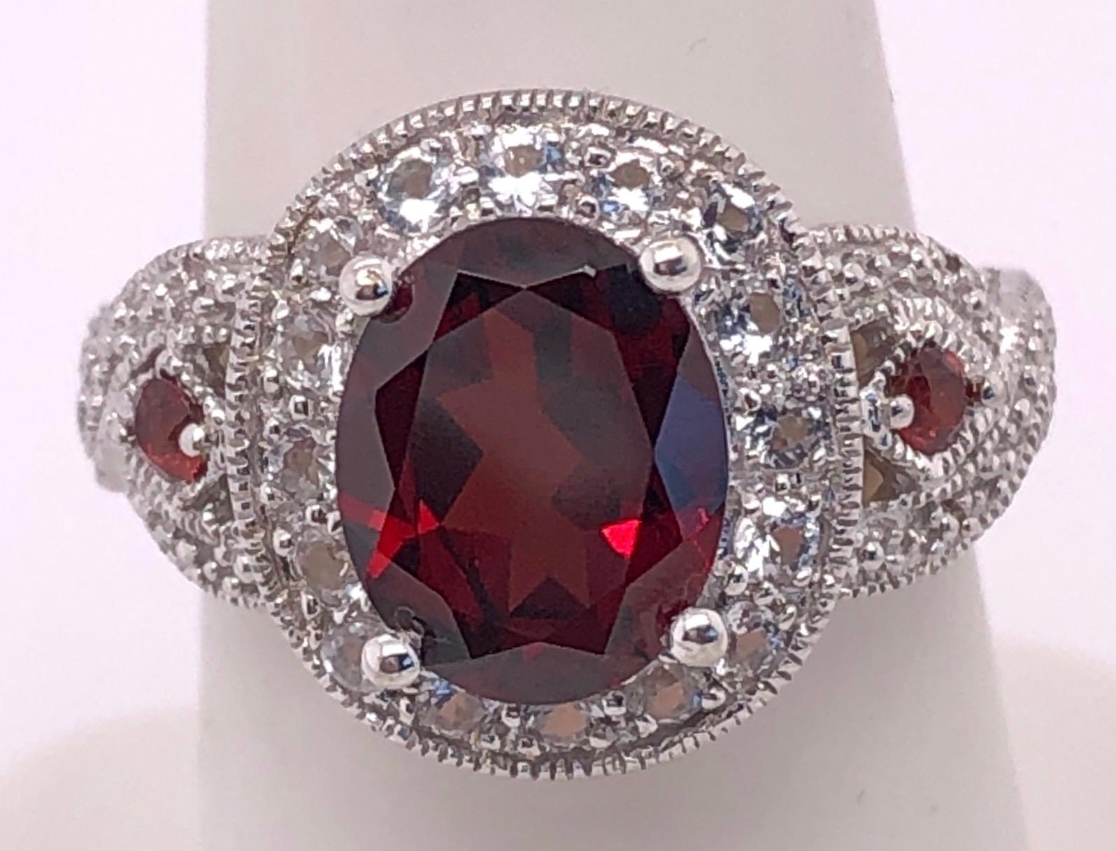 Women's or Men's 14 Karat White Gold Antique Ring Oval Garnet Center with Accents For Sale