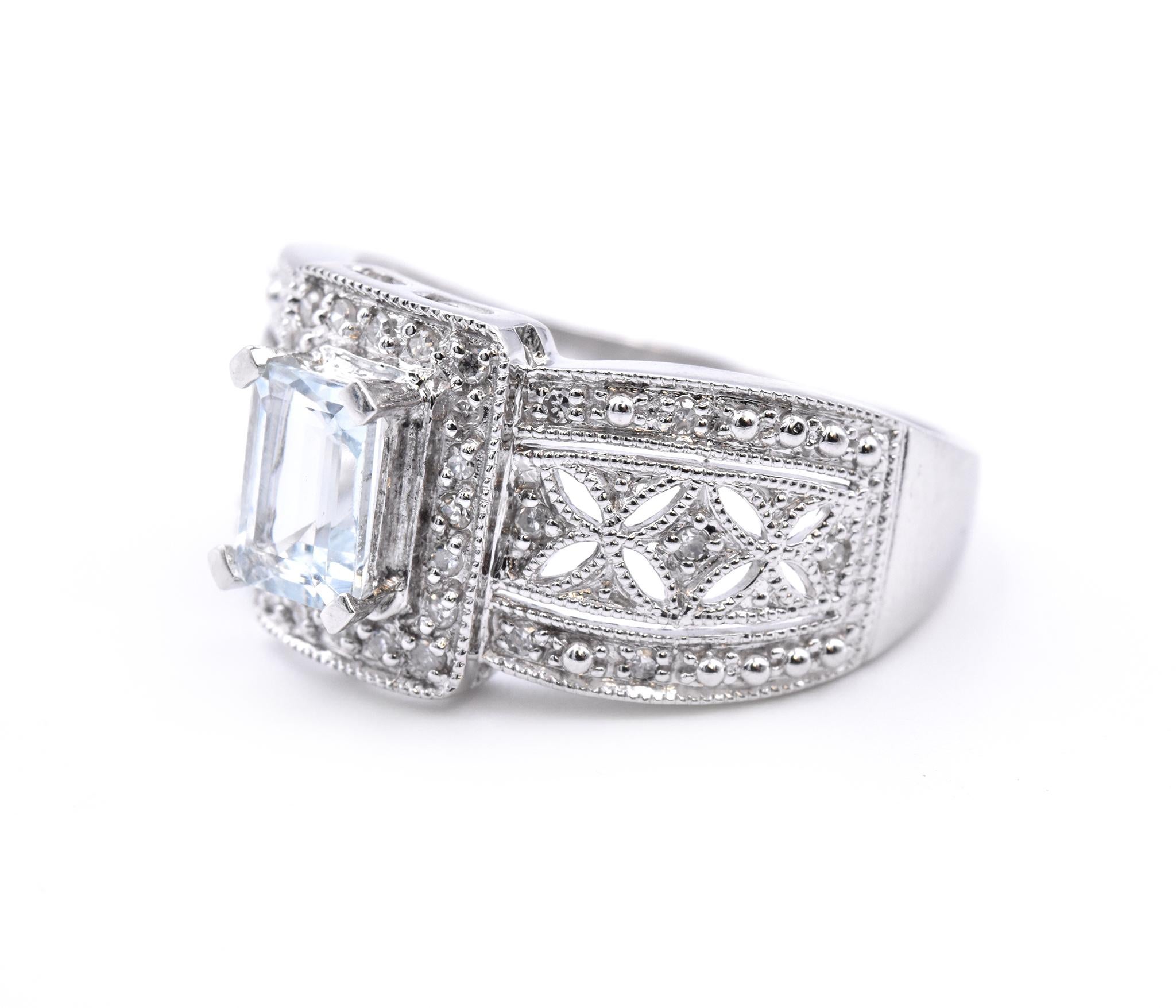 Emerald Cut 14 Karat White Gold Aquamarine and Diamond Fashion Ring