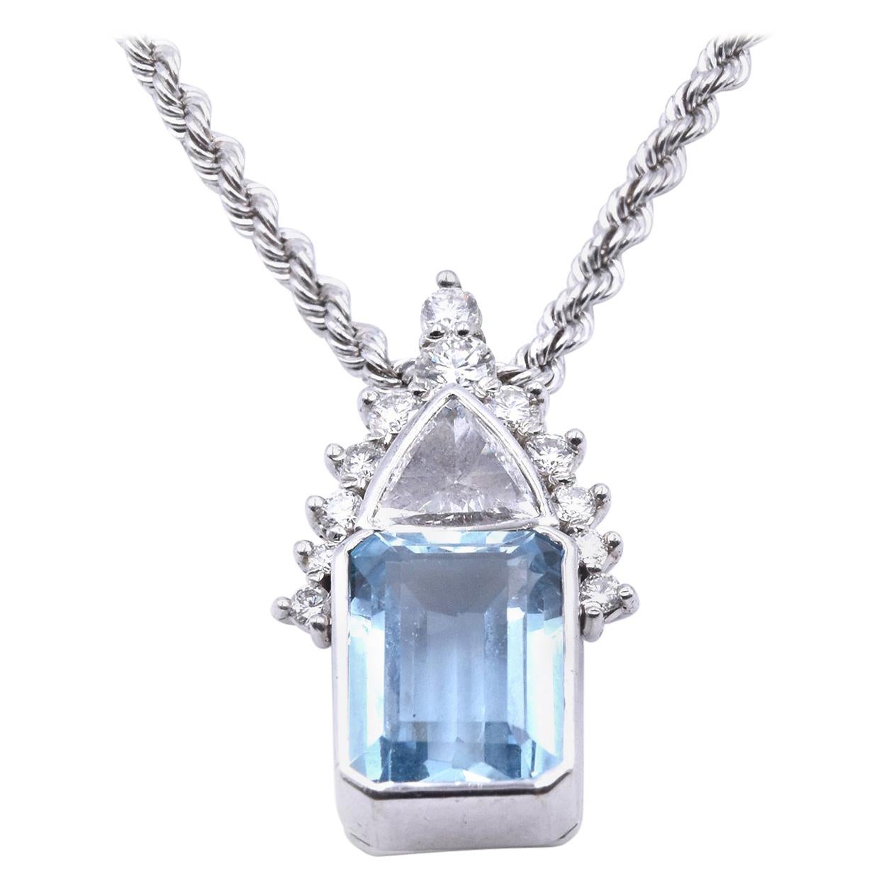 14 Karat White Gold Aquamarine and Diamond Necklace