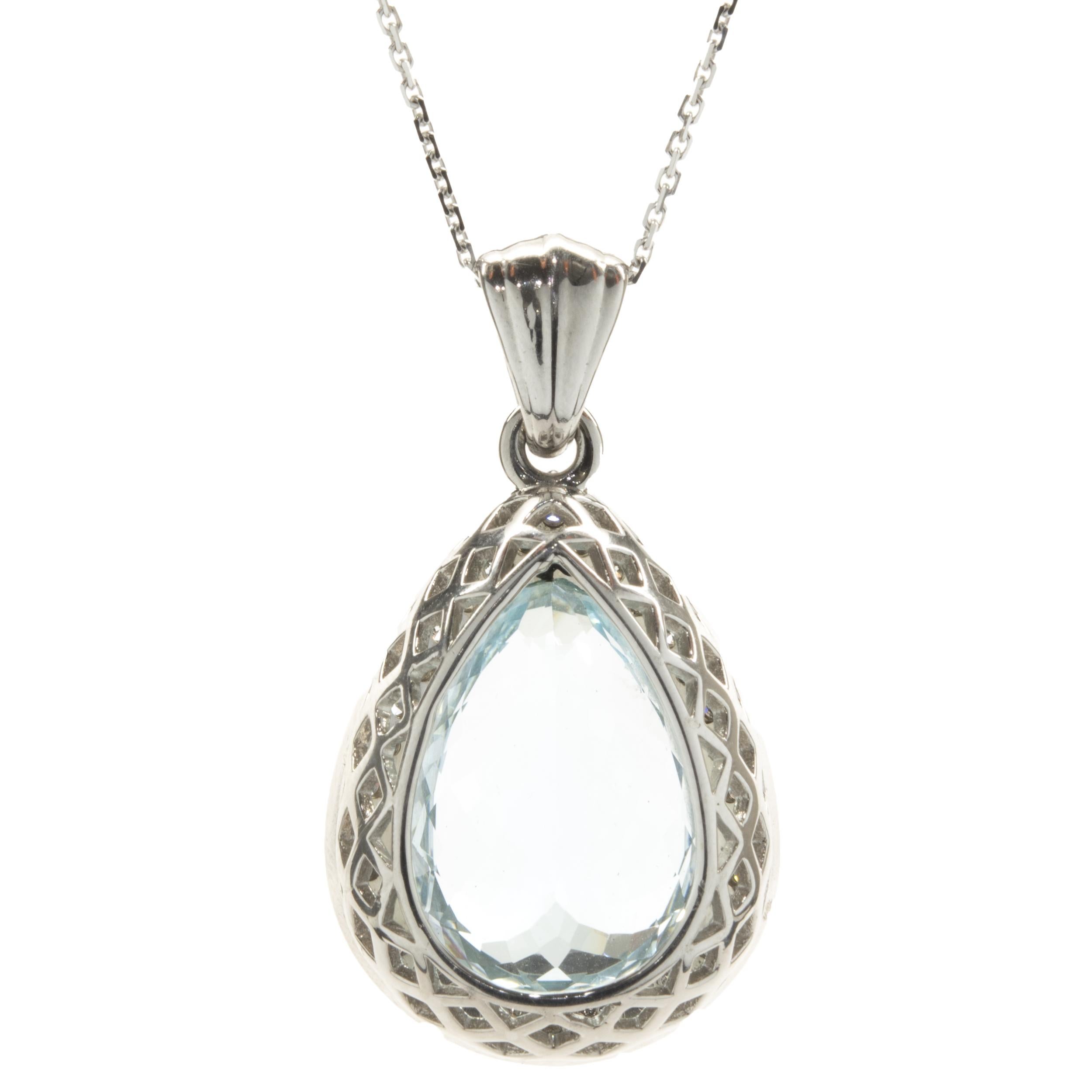 Designer: custom
Material: 14K white gold
Diamond: 34 round brilliant cut = .81cttw
Color: G
Clarity: SI1
Aquamarine: 1 pear cut = 18.37ct
Dimensions: necklace measures 18-inches in length
Weight: 14.70 grams