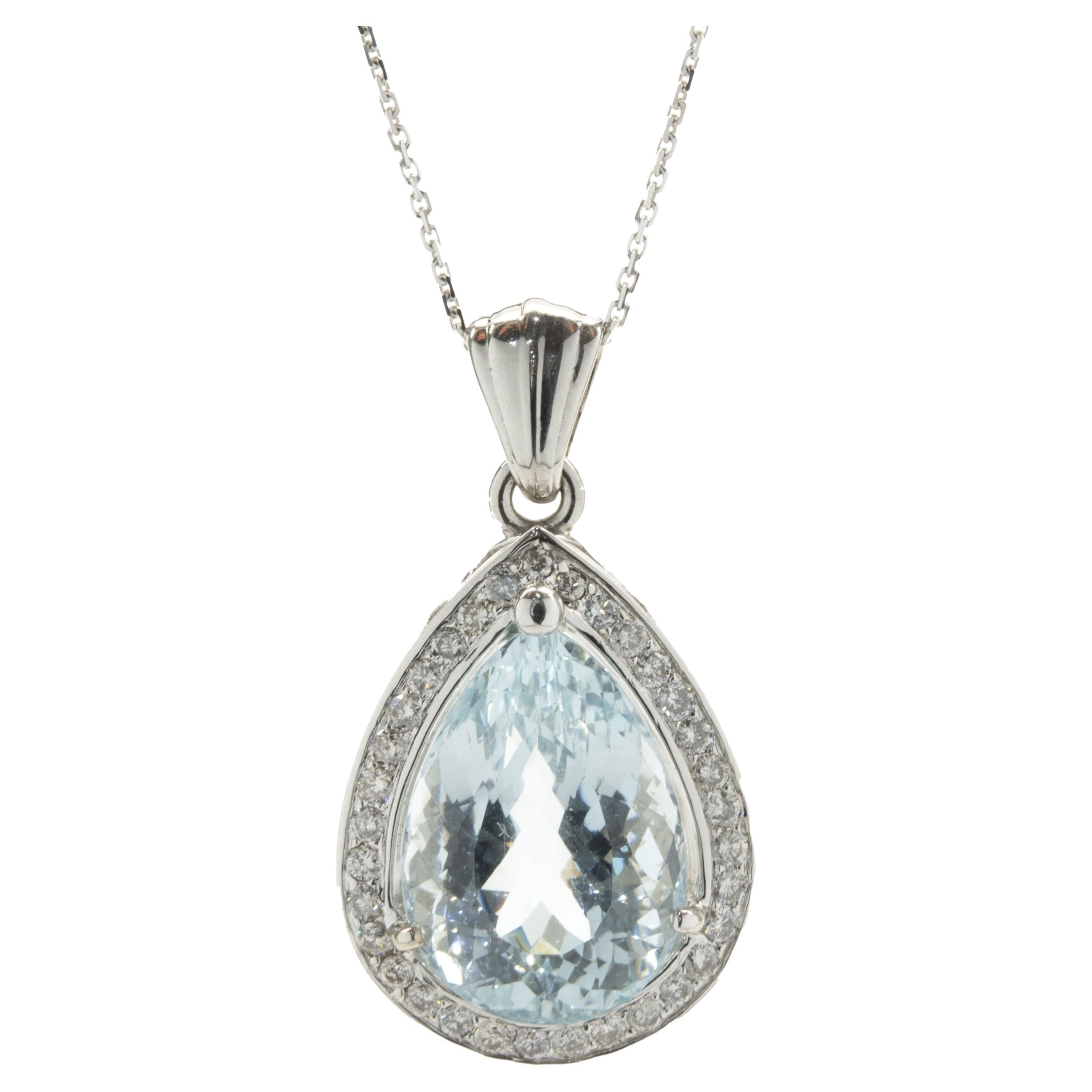 14 Karat White Gold Aquamarine and Diamond Pear Necklace