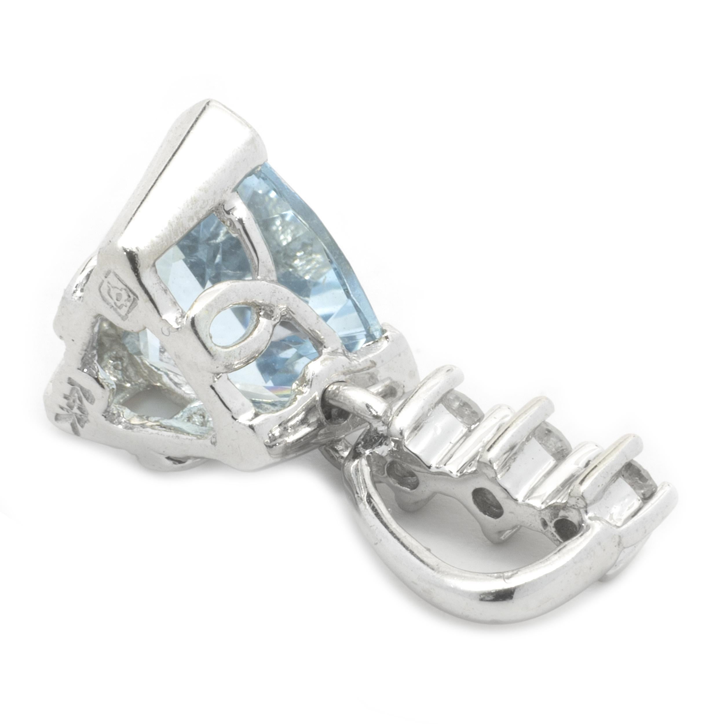 Trillion Cut 14 Karat White Gold Aquamarine and Diamond Pendant For Sale