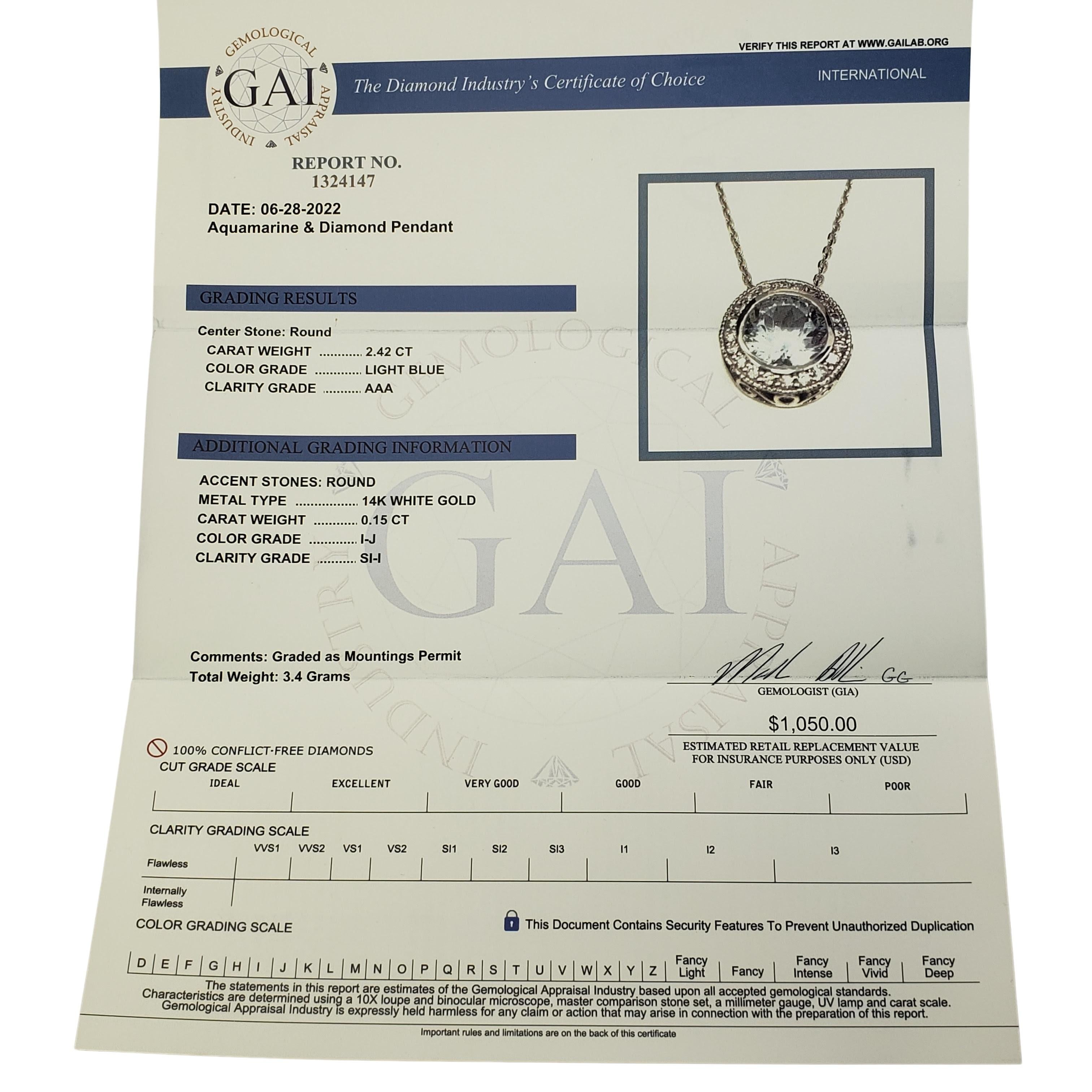 14 Karat White Gold Aquamarine and Diamond Pendant Necklace For Sale 5