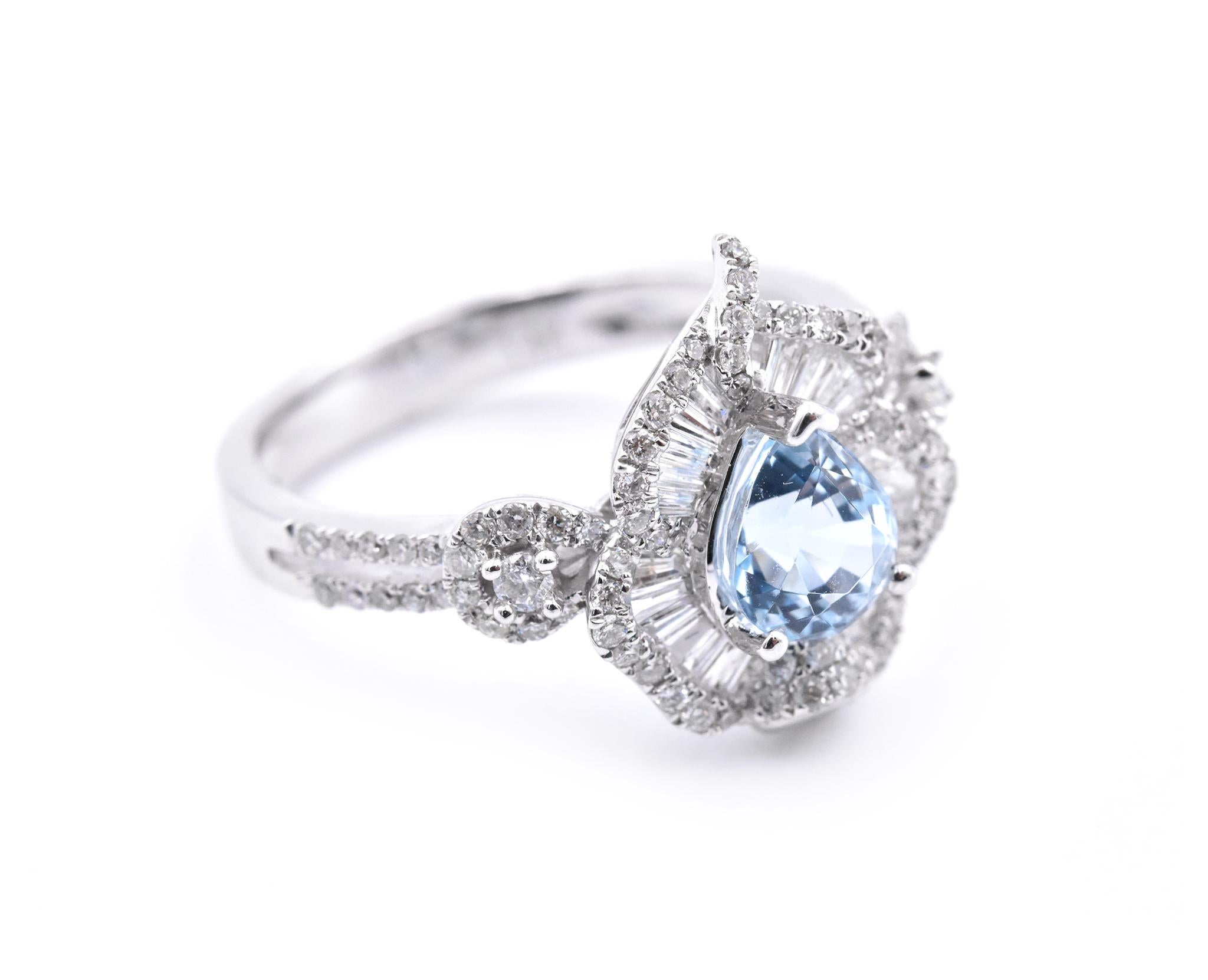Designer: custom design
Material: 14k white gold
Gemstones: Pear Cut Aquamarine = .84ct
Certification: AGI 25343
Diamonds: 108 round brilliant cuts = .72cttw
Color: F
Clarity: VS2-SI
Ring Size: 7.5 (please allow two additional shipping days for