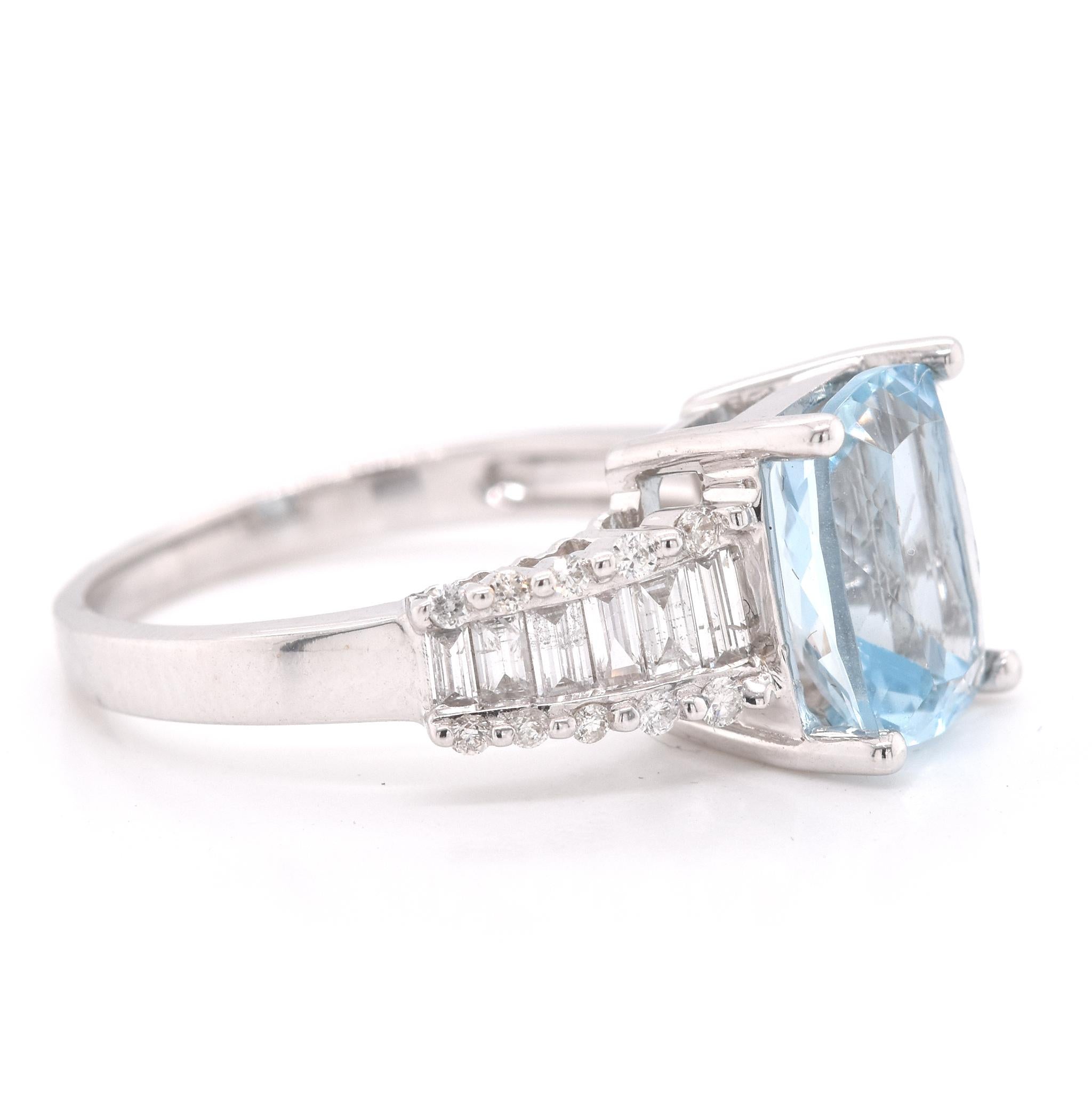 Designer: custom
Material: 14k white gold
Gemstones: Emerald Cut Aquamarine = 2.71ct
Certification: AGI 25344
Diamonds:   78 round brilliant cuts = 1.50cttw
Color: F
Clarity: VS2-SI
Ring Size: 7.5 (please allow two additional shipping days for