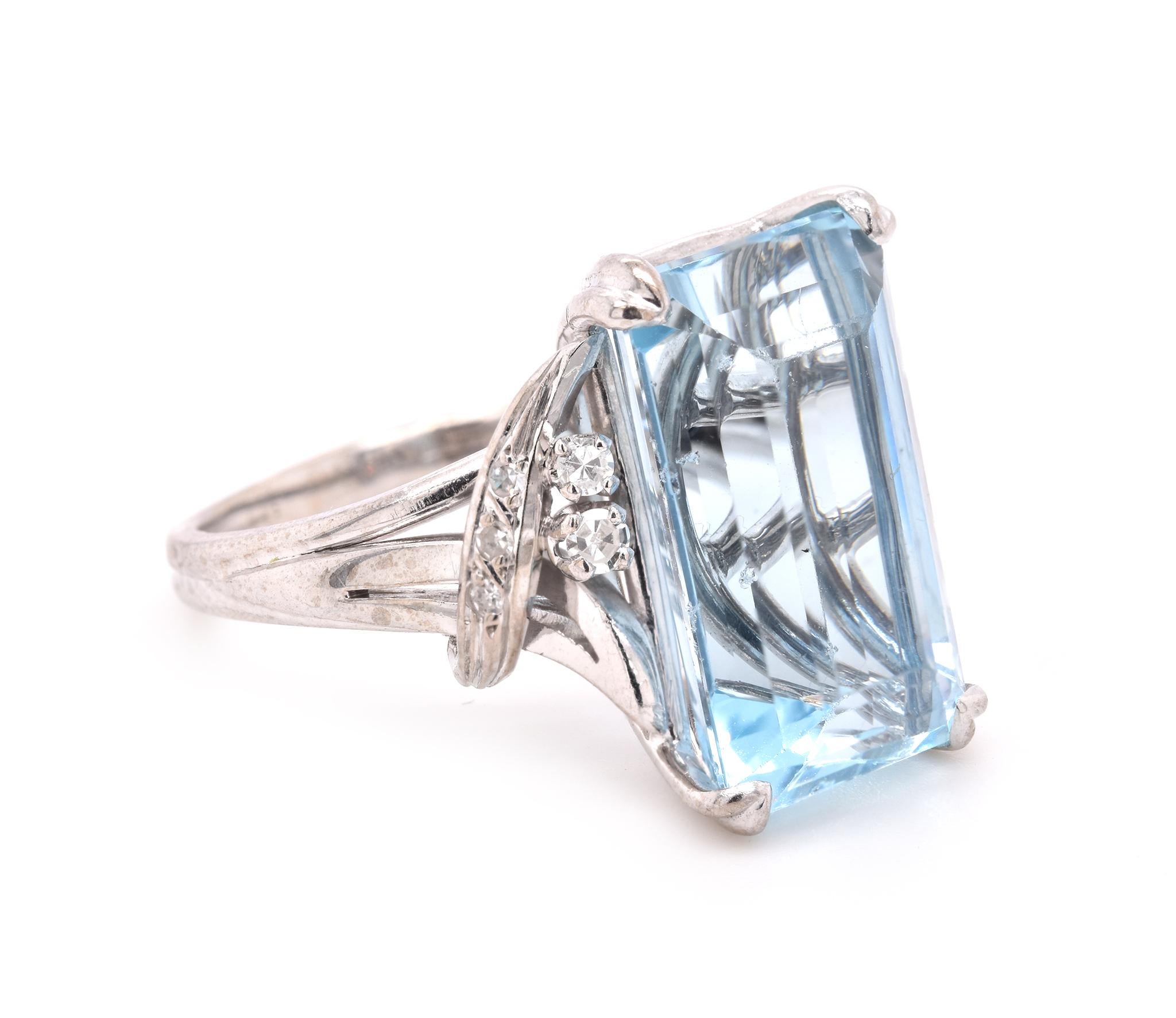 Emerald Cut 14 Karat White Gold Aquamarine and Diamond Ring