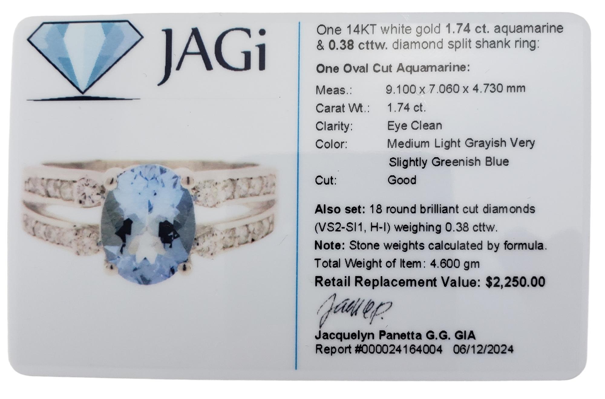 14 Karat White Gold Aquamarine and Diamond Ring Size 6.75  #17891 For Sale 4