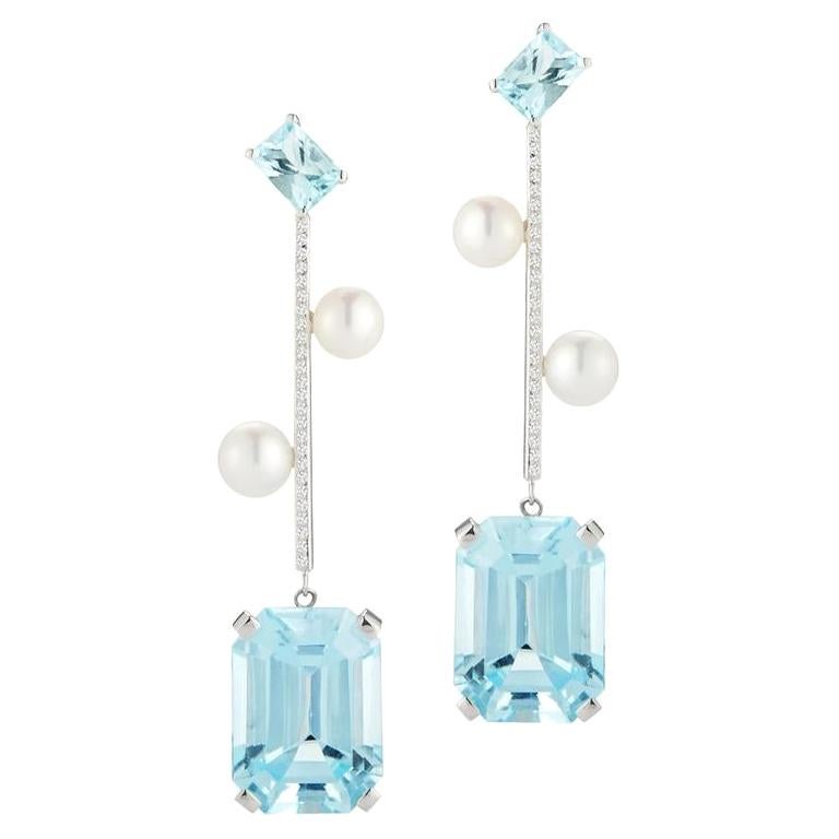 14 Karat White Gold Aquamarine Blue Topaz Pearl Drop Earrings For Sale