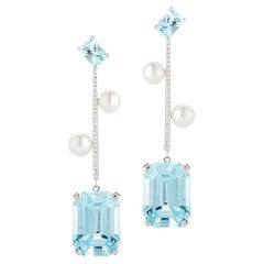 14 Karat White Gold Aquamarine Blue Topaz Pearl Drop Earrings