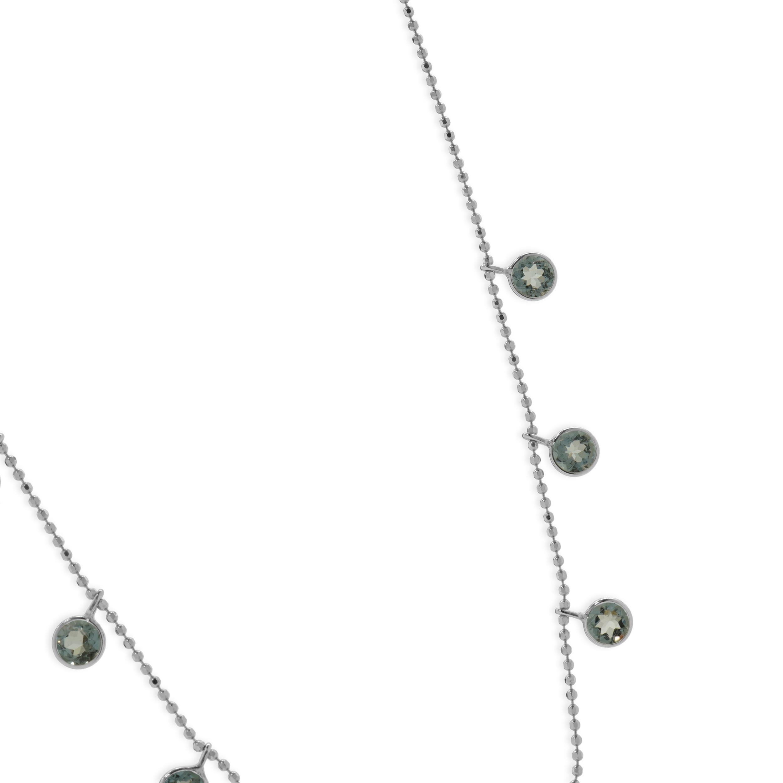 Concepteur : personnalisé
Matériau : Or blanc 14K
Aigue-marine : 9 tailles rondes = 1,80cttw
Longueur : le collier mesure 16 pouces de long.
Poids : 2.11 grammes
