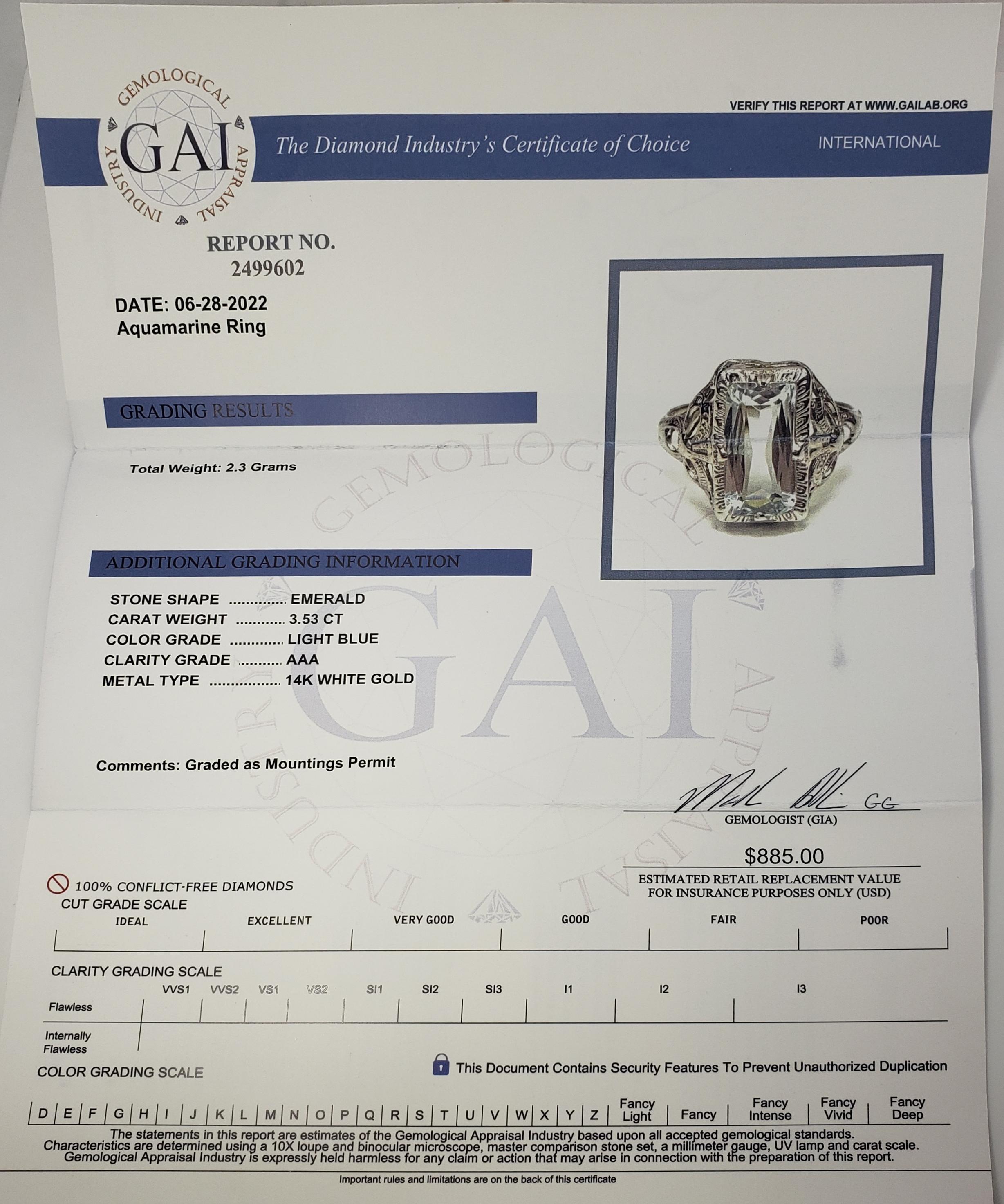 14 Karat White Gold Aquamarine Ring Size 6.75 GAI Certified 4