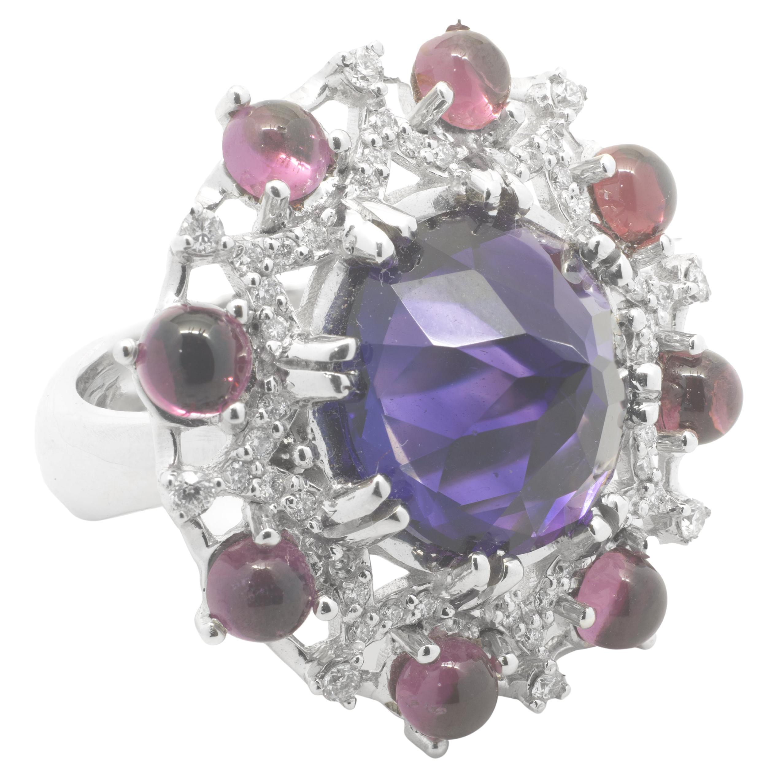 Material: 14K white gold
Diamond: 48 round brilliant cut = .48cttw
Color: G
Clarity: VS2
Amethyst: 1 fancy faceted cut = 8.00cttw
Color: ARIZONA
Clarity: AAA
Ring Size: 7.5 (please allow up to 2 additional business days for sizing