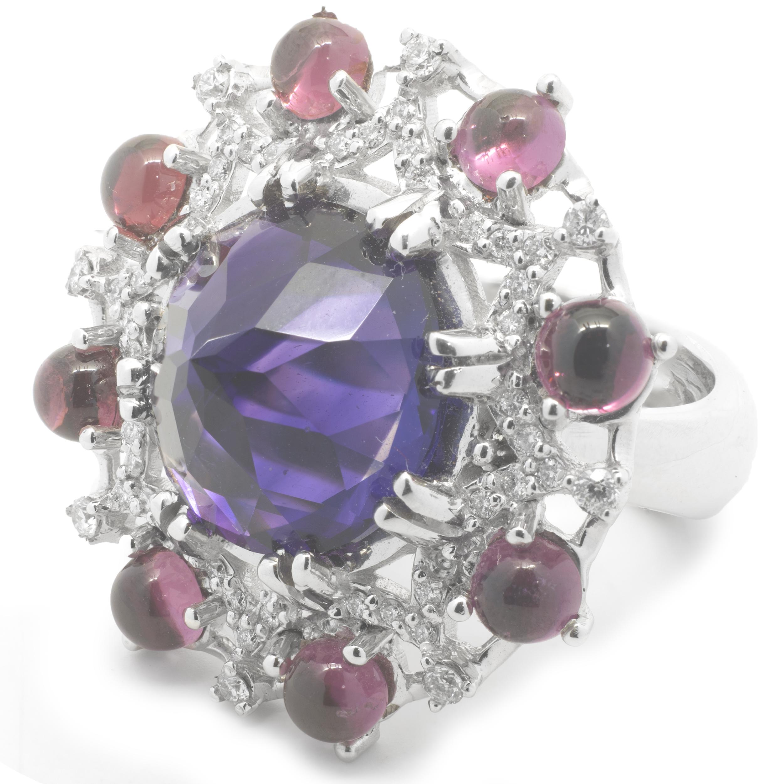 Round Cut 14 Karat White Gold Arizona Amethyst, Pink Tourmaline and Diamond Cocktail Ring For Sale