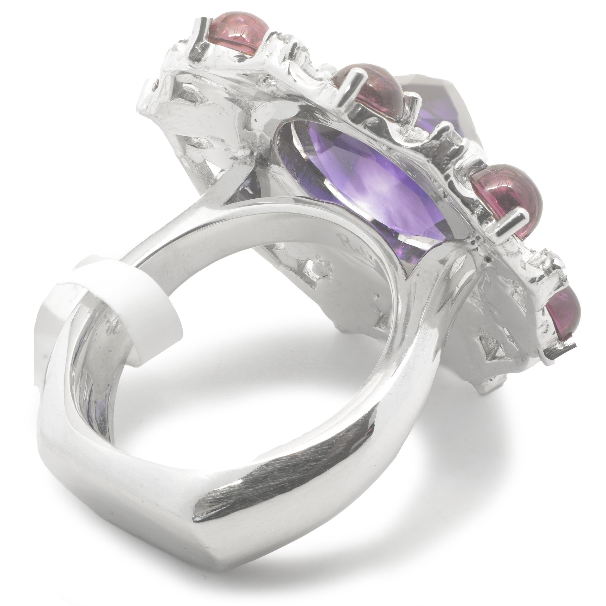 14 Karat White Gold Arizona Amethyst, Pink Tourmaline and Diamond Cocktail Ring In Excellent Condition For Sale In Scottsdale, AZ