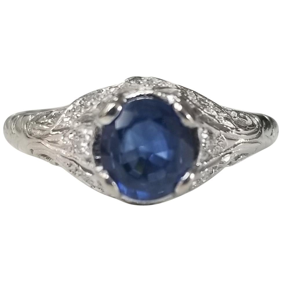 14 Karat White Gold "Art Deco Style" Blue Sapphire and Diamond Ring For Sale