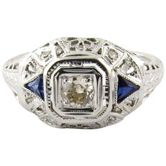 Vintage 14 Karat White Gold Art Deco Diamond and Sapphire Filigree Dome Ring